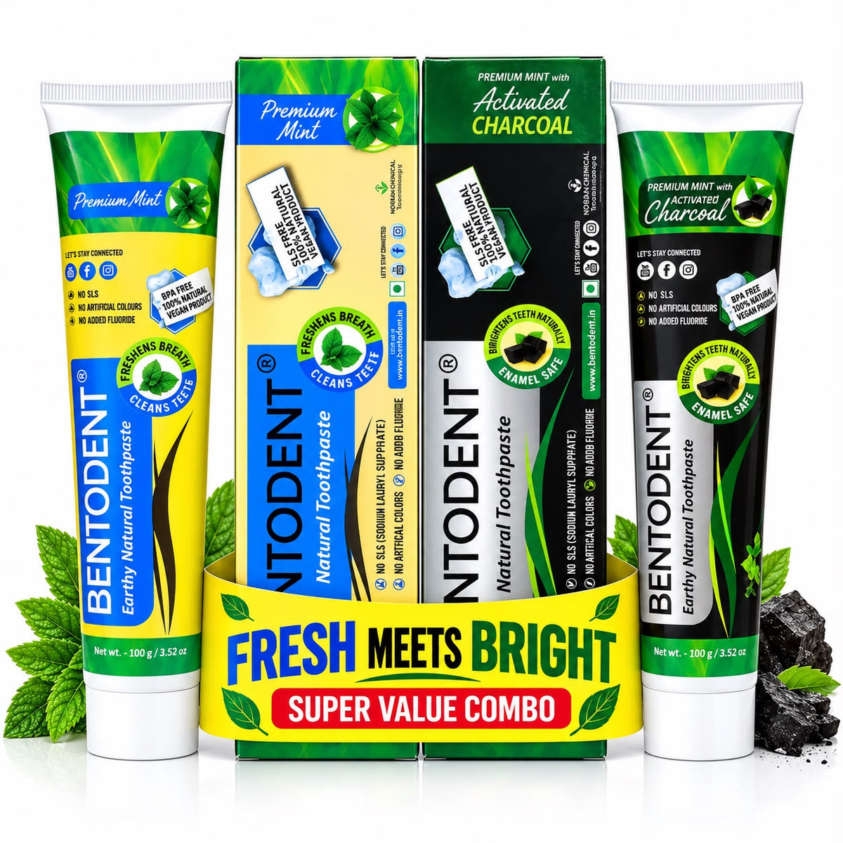 Bentodent Toothpaste - Charcoal & Premium Mint Pack - 100 gm each