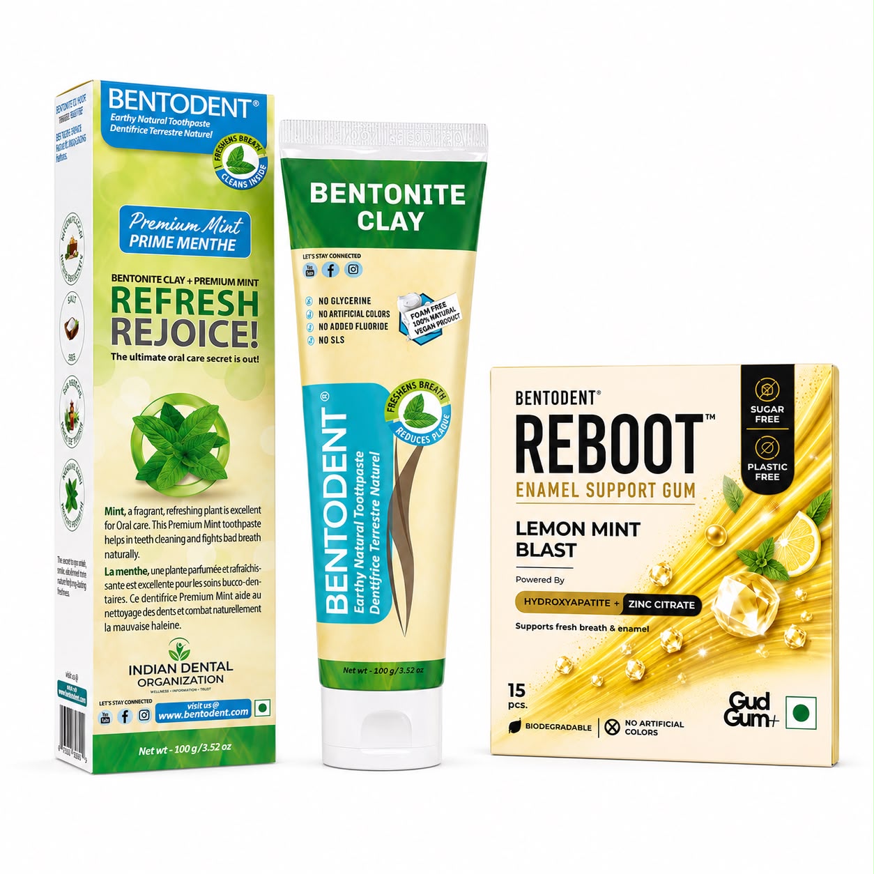 Bentodent Natural Toothpaste 100g with Premium Mint & Calcium Bentonite + REBOOT Lemon Mint Blast Enamel Support Gum 15 Pcs | Sugar Free & Plastic Free Gum | Nano Hydroxyapatite & Zinc Citrate | Fresh Breath, Bad Breath Control & Daily Oral Care Combo