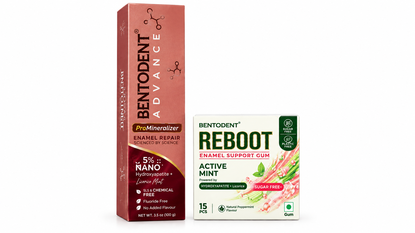 Bentodent Advance ProMineralizer Toothpaste with 5% Nano Hydroxyapatite & Licorice Mint + Reboot Enamel Support Gum Active Mint, Sugar Free & Plastic Free Combo Pack