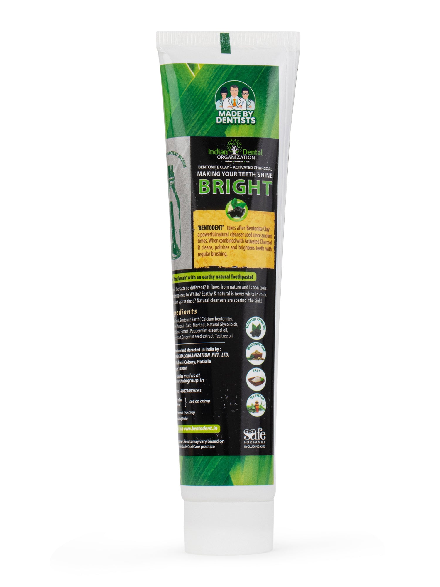 Bentodent Charcoal Teeth Whitening Toothpaste - Natural & Fluoride Free - 100 gm - Indian Dental Organization