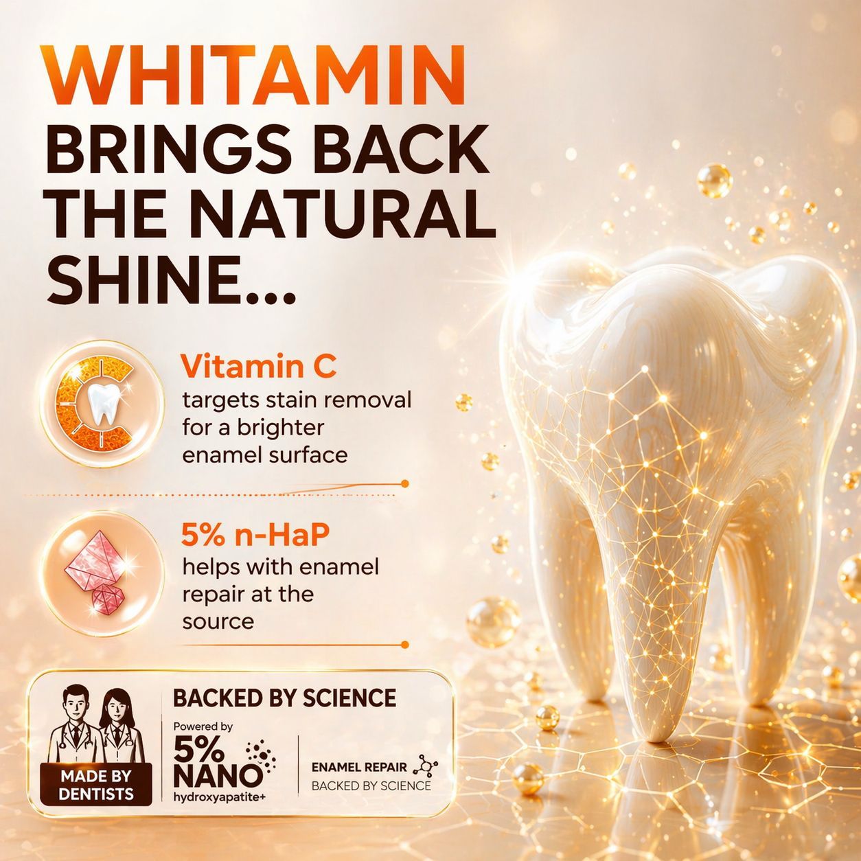 BENTODENT TOOTHPASTE Advance Whitamin Teeth Whitening Toothpaste, Vitamin C, 5% Nano Hydroxyapatite, Enamel Repair, 100g
