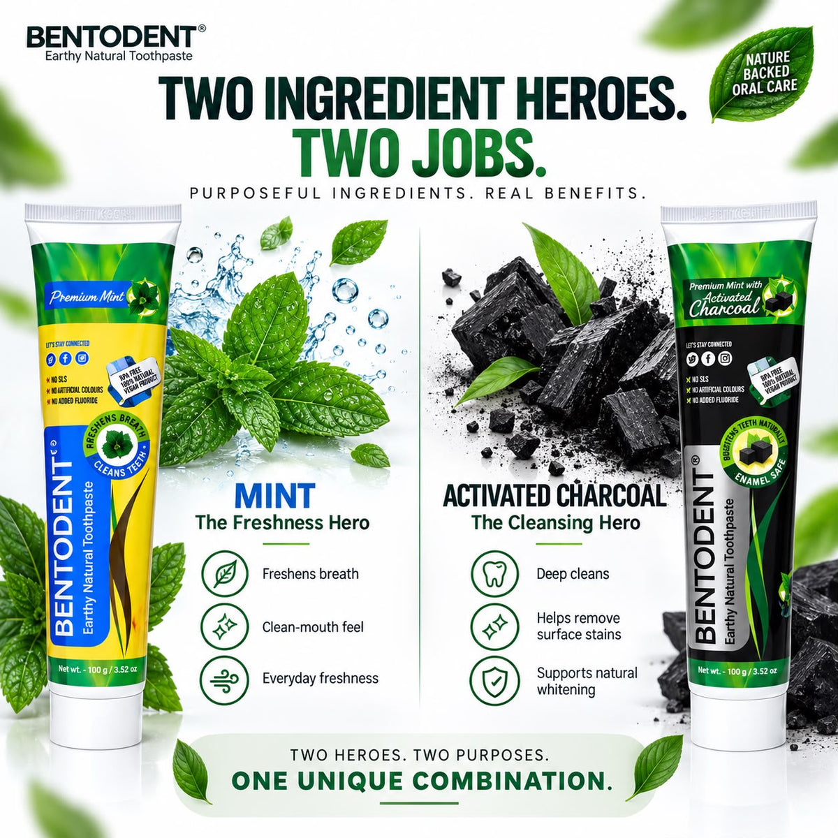 Bentodent Toothpaste - Charcoal & Premium Mint Pack - 100 gm each