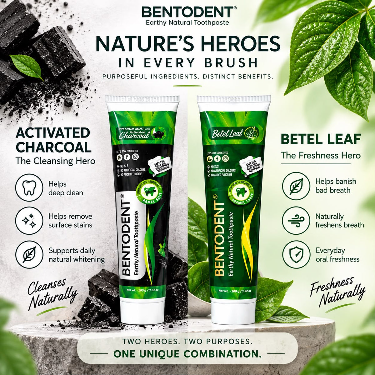 Bentodent Charcoal & Betel Leaf Natural Toothpaste Combo Pack of 2 | Teeth Whitening & Gum Care | Helps Fight Cavities, Plaque & Bad Breath | Fluoride & SLS Free | 100g Each