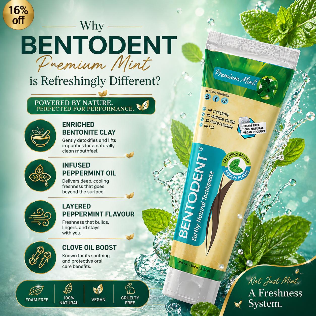 Bentodent Premium Mint Herbal Toothpaste - SLS Free , Natural & Fluoride Free - 100 gm