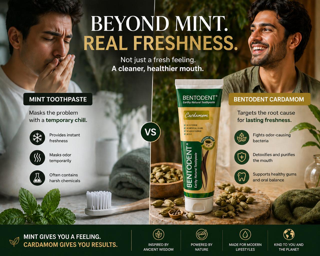 Bentodent Cardamom Toothpaste - Natural, No SLS & Fluoride Free - 100 gm