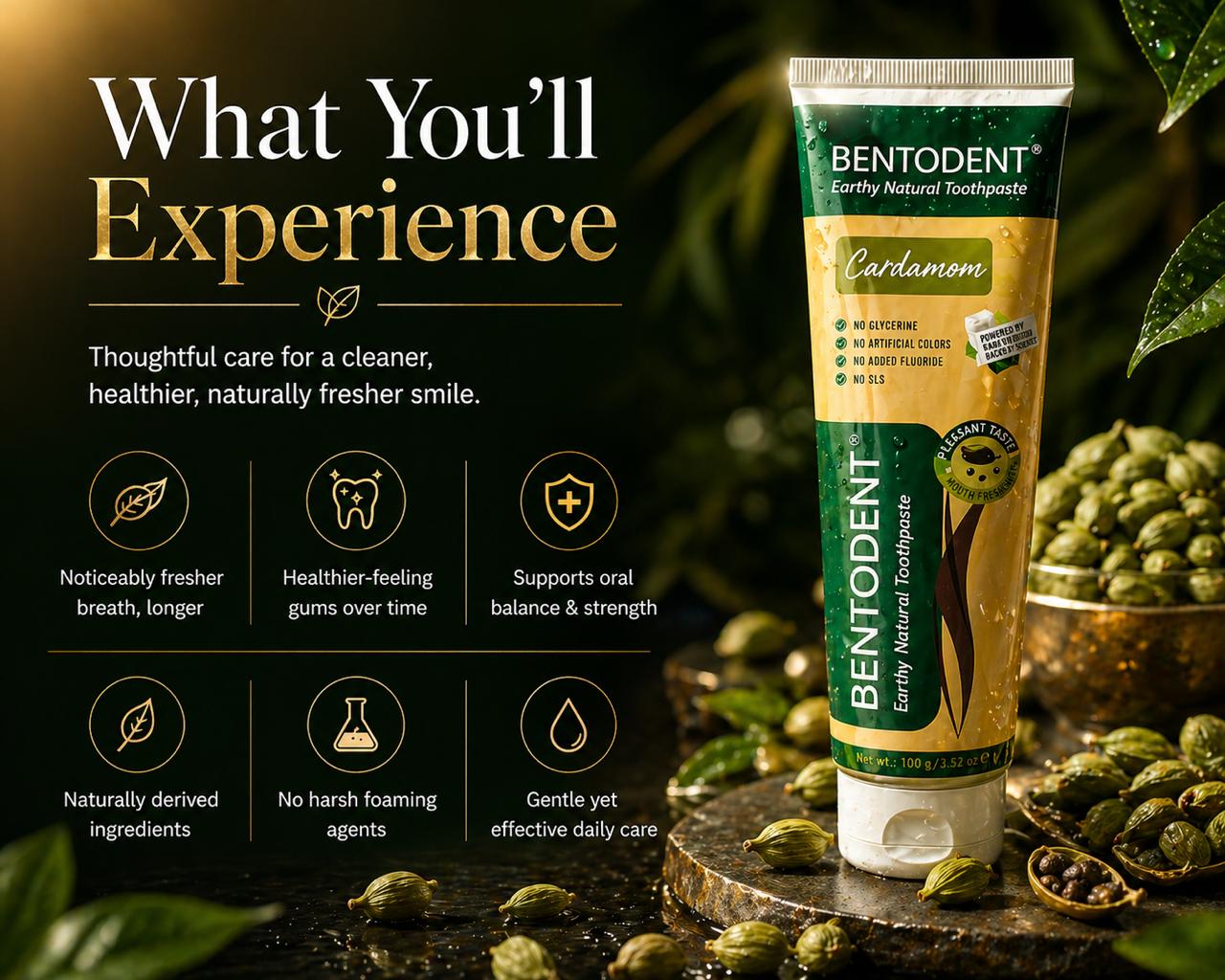 Bentodent Cardamom Toothpaste - Natural, No SLS & Fluoride Free - 100 gm