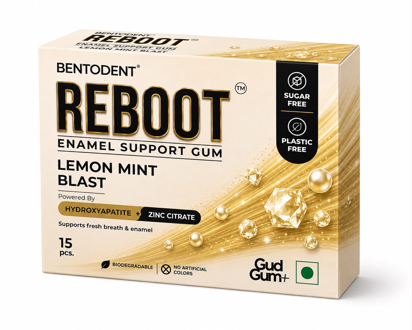BENTODENT REBOOT Premium Enamel Support Gum – Lemon Mint Blast | Hydroxyapatite + Zinc Citrate | Sugar Free Gum for Fresh Breath & Enamel Care | Biodegradable Gum Base | 15 Pcs