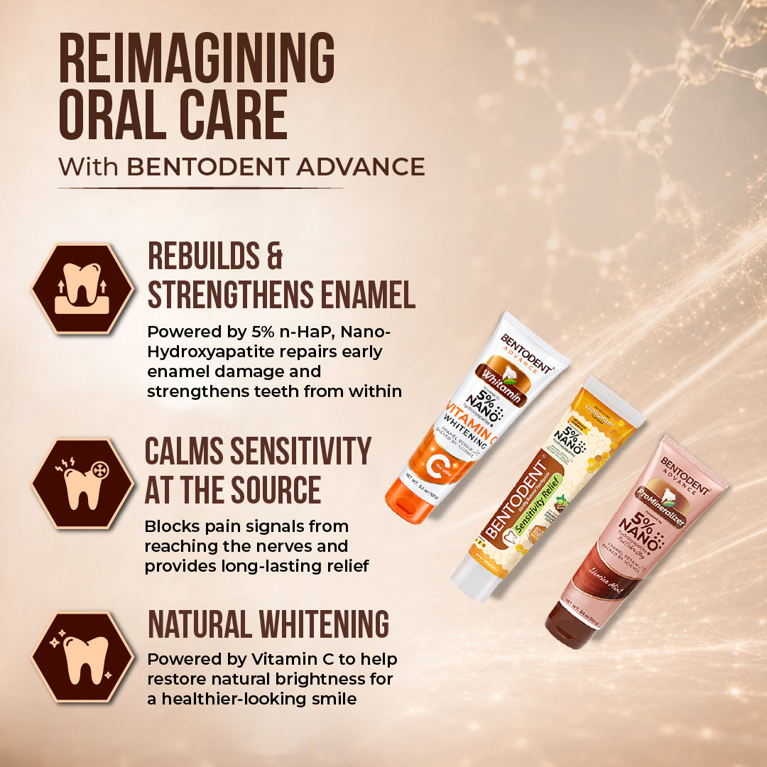 Bentodent Advance powered by 5% High Purity Nano Hydroxyapatite Toothpaste Collection (Repair, Protect, Whitening) | Pack of 3 (Promineraliser, Vitamin C and Sensitivity Relief)