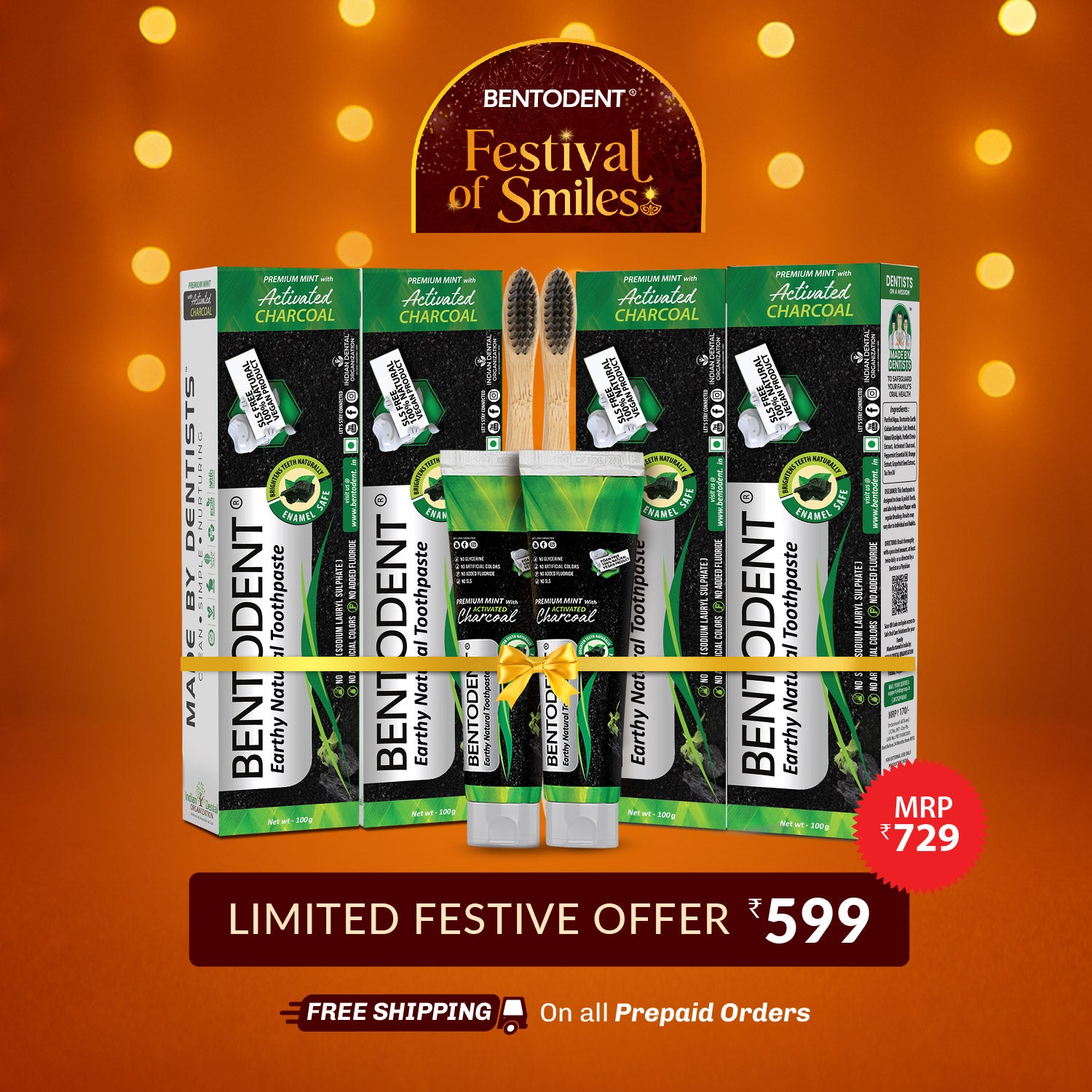 Bentodent Charcoal Teeth Whitening Toothpaste - Natural & Fluoride Free - 100 gm