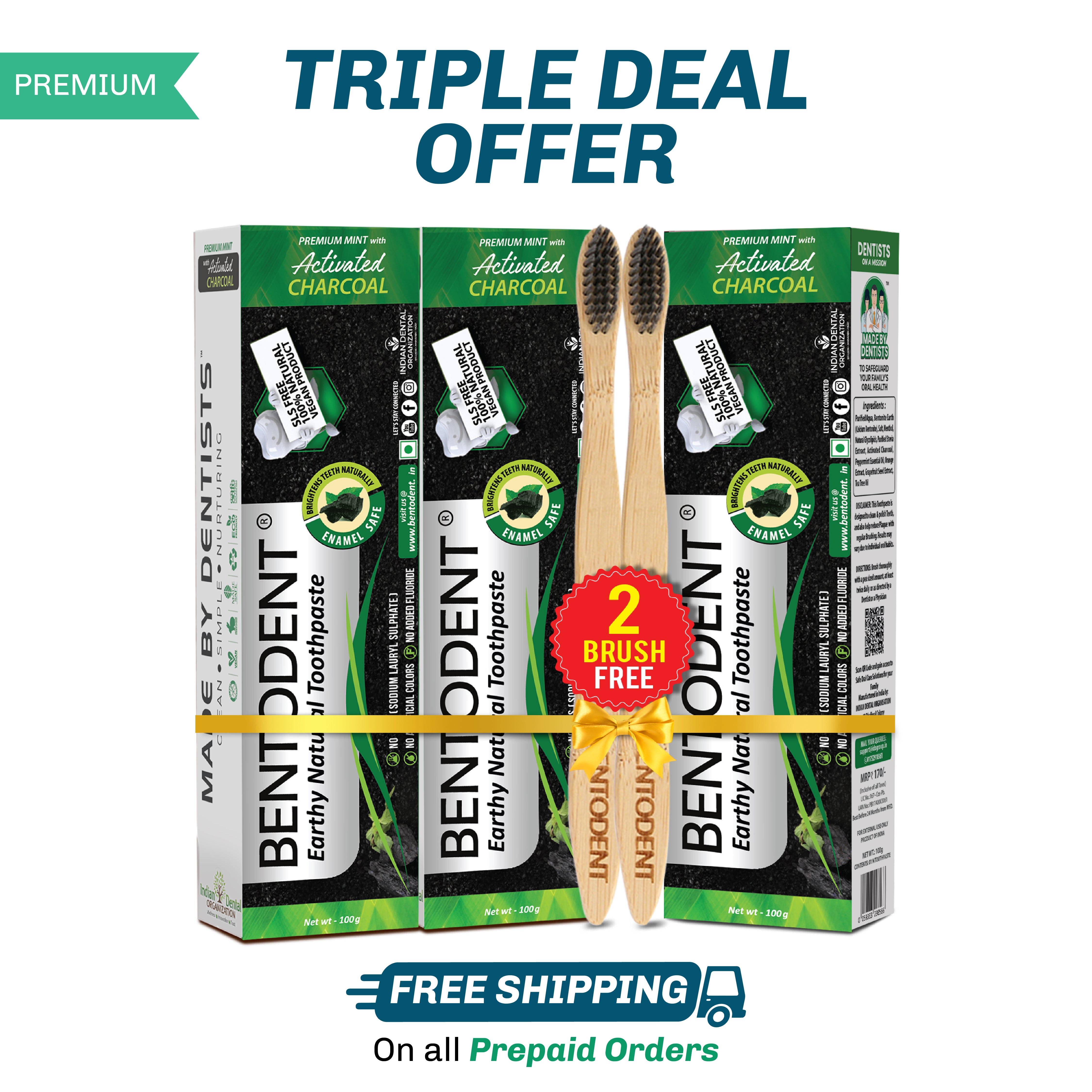 Bentodent Charcoal Teeth Whitening Toothpaste - Natural & Fluoride Free - 100 gm