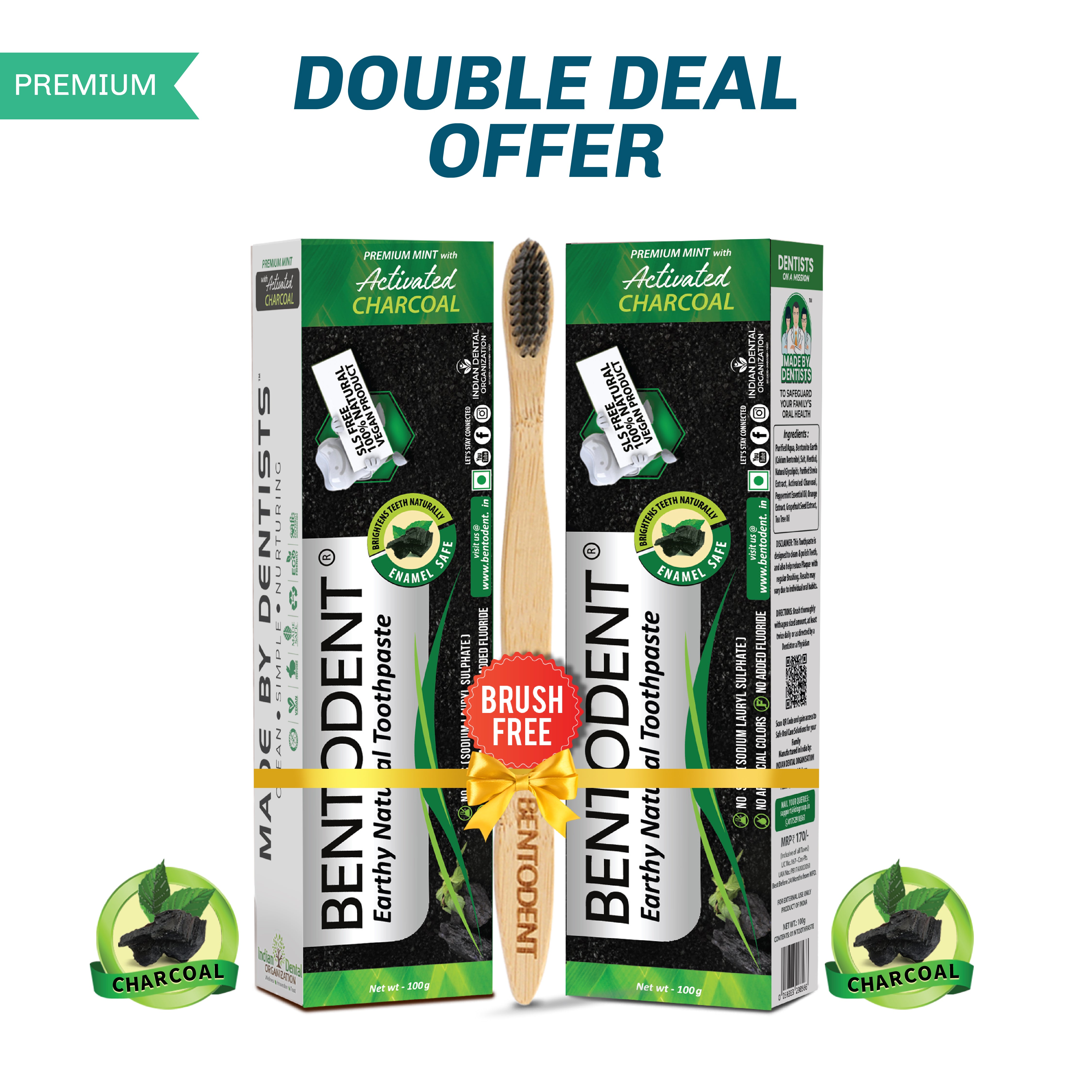 Bentodent Charcoal Toothpaste - Teeth Whitening (Twin Pack) - 100 gm each