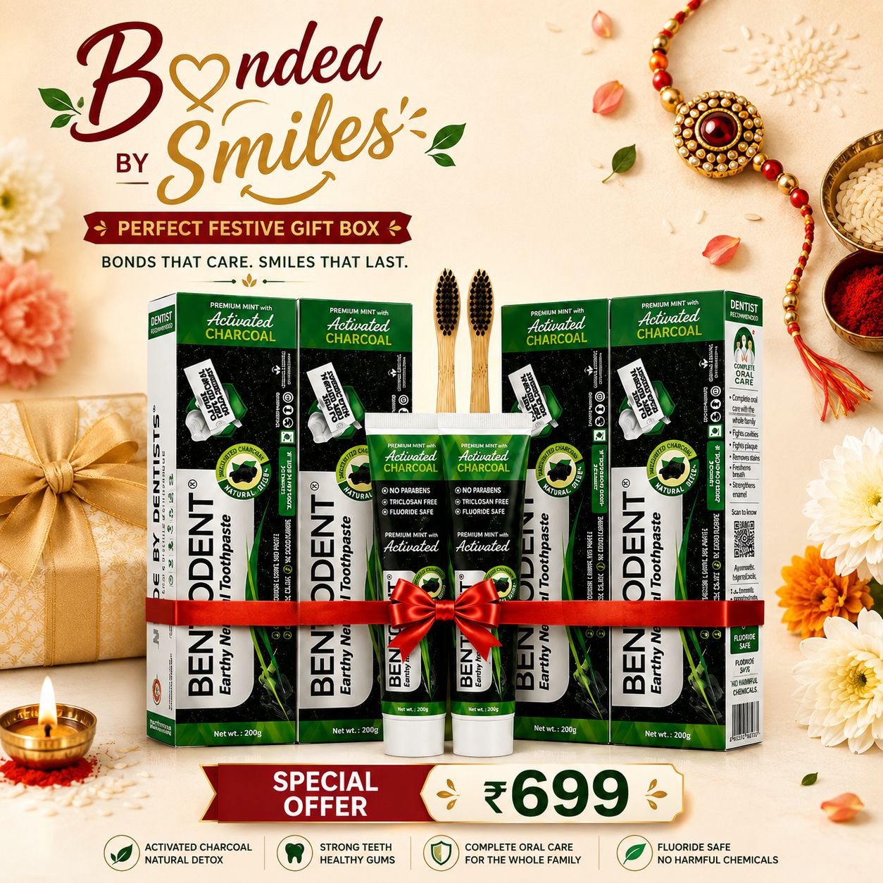 Bentodent Charcoal Teeth Whitening Toothpaste - Natural & Fluoride Free - 100 gm