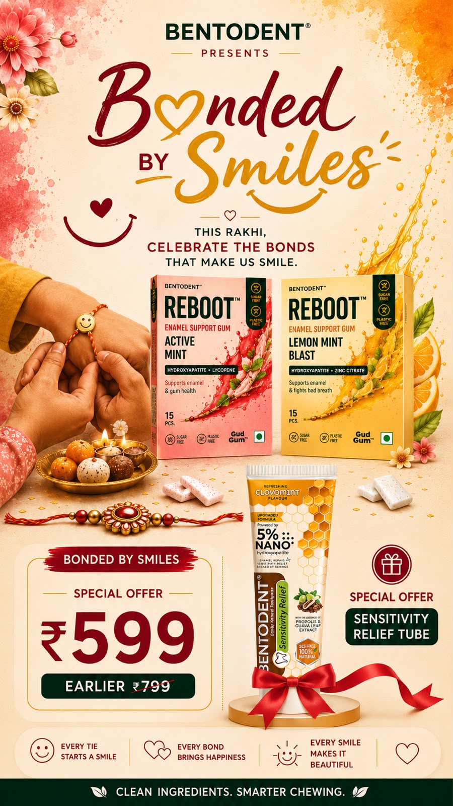 **Bentodent Bonded By Smiles Rakhi Combo | Reboot Enamel Support Gum – Active Mint & Lemon Mint Blast (15 Pcs Each) + Sensitivity Relief Toothpaste with 5% Nano Hydroxyapatite, SLS Free & No Added Flavour | Sugar Free, Plastic Free Oral Care Gift Set**