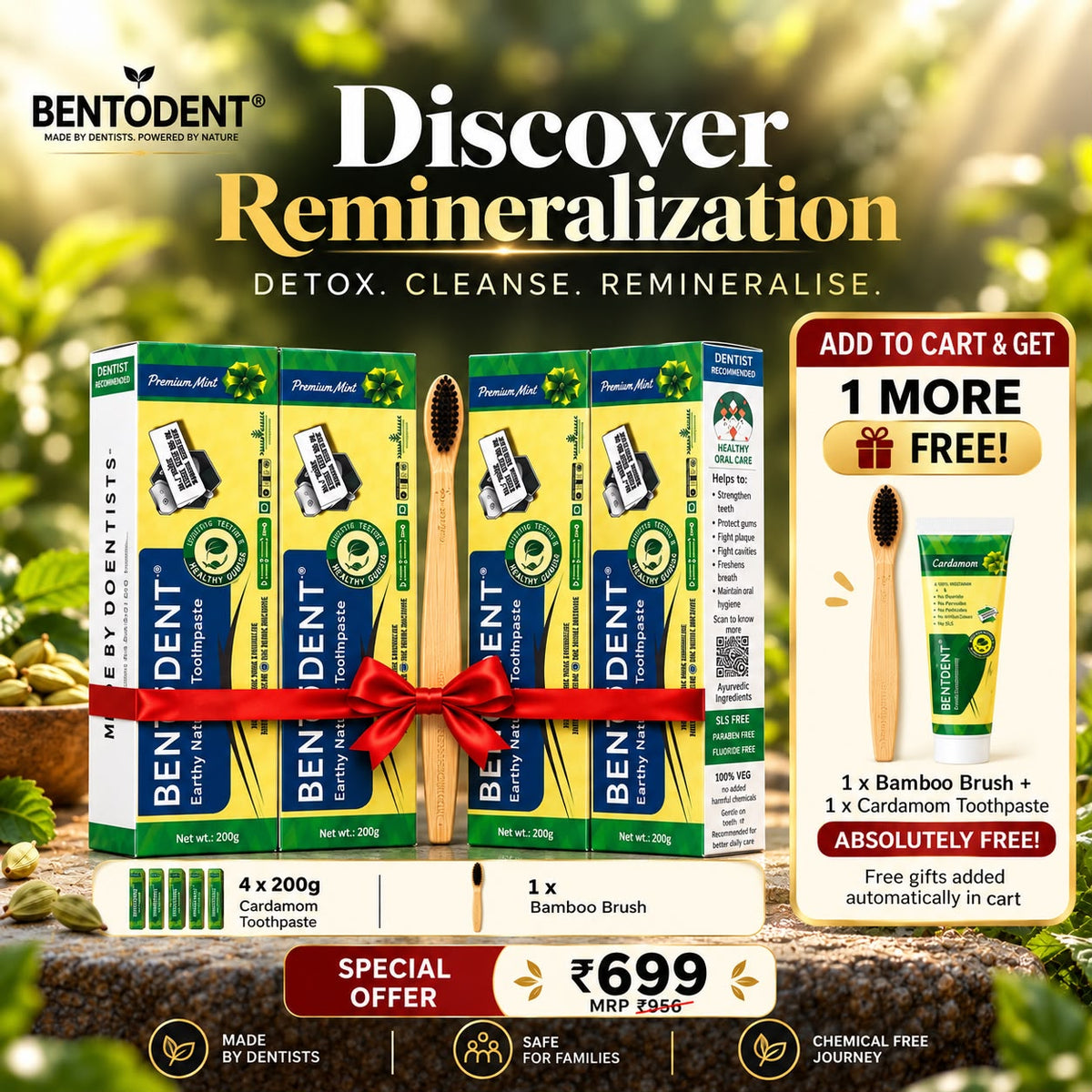 Bentodent Premium Mint Herbal Toothpaste | SLS Free & Fluoride Free | Daily Oral Care