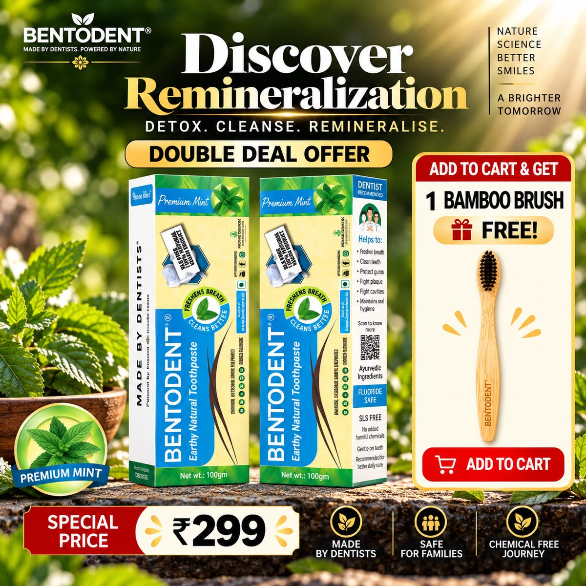 Bentodent Premium Mint Natural Toothpaste (Twin Pack) - 100 gm each
