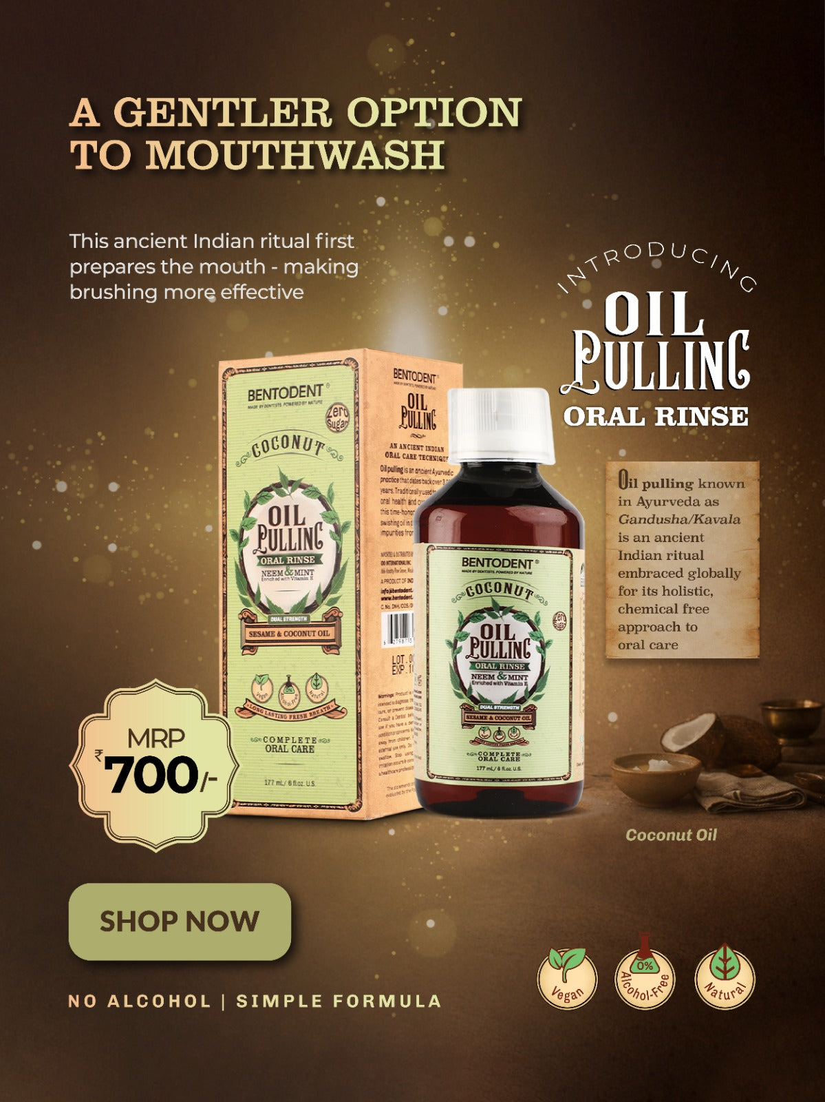 Bentodent Coconut Oil Pulling, Powerful Neem & Mint, Dual Strength of Sesame & Coconut Oil, Oil Pulling rinse for teeth & gums, Zero Sugar & No Alcohol mouthwash for Fresh Breath & Whitening,6 fl. oz.