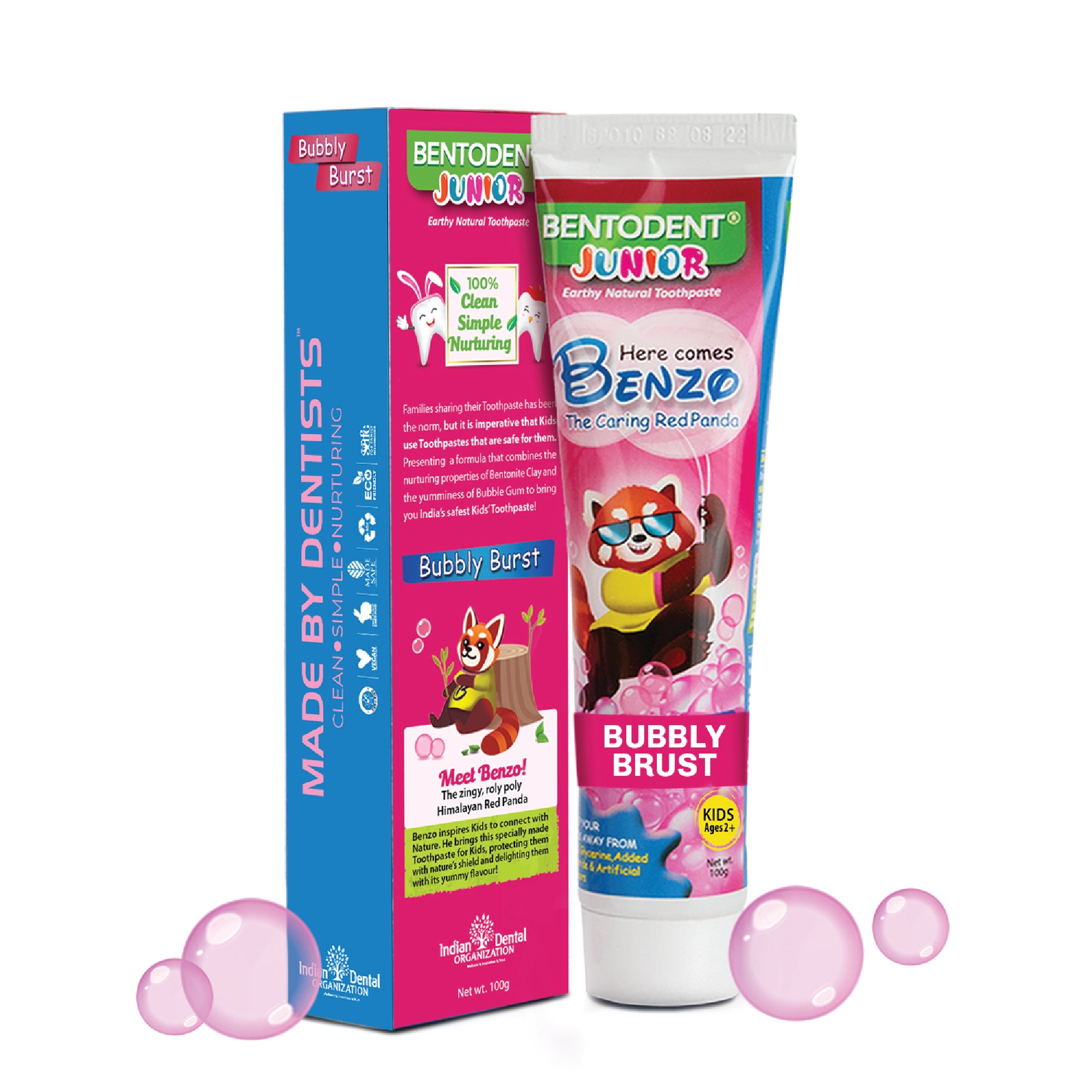 Bentodent 100% Natural Kids Bubble Gum twin Toothpaste, Fluoride Free, Sls Free, Complete oral care protection for kids, Fresh Breath, Best toothpaste for kids 2+ years 100g each - Indian Dental Organization