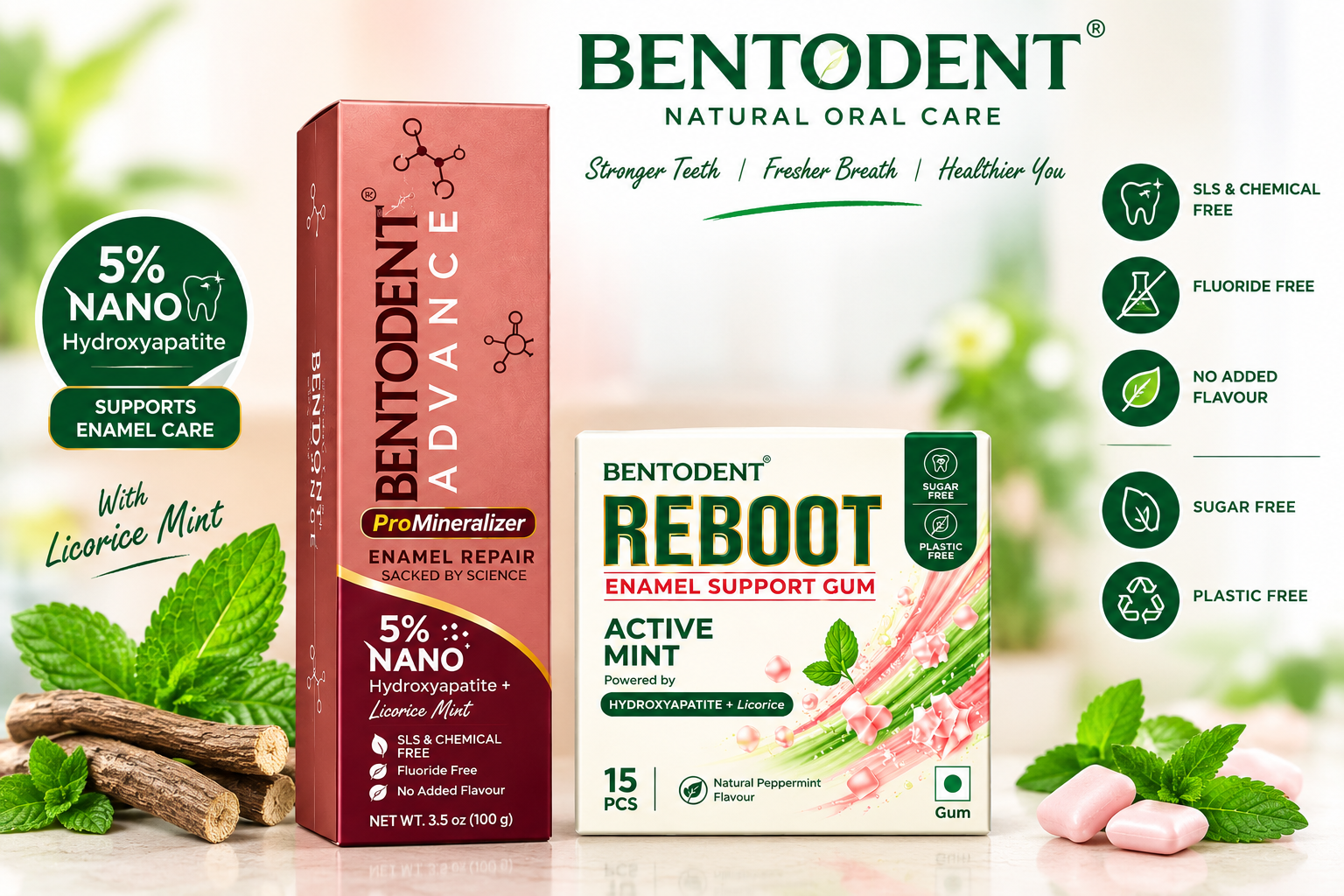 Bentodent Advance ProMineralizer Toothpaste with 5% Nano Hydroxyapatite & Licorice Mint + Reboot Enamel Support Gum Active Mint, Sugar Free & Plastic Free Combo Pack