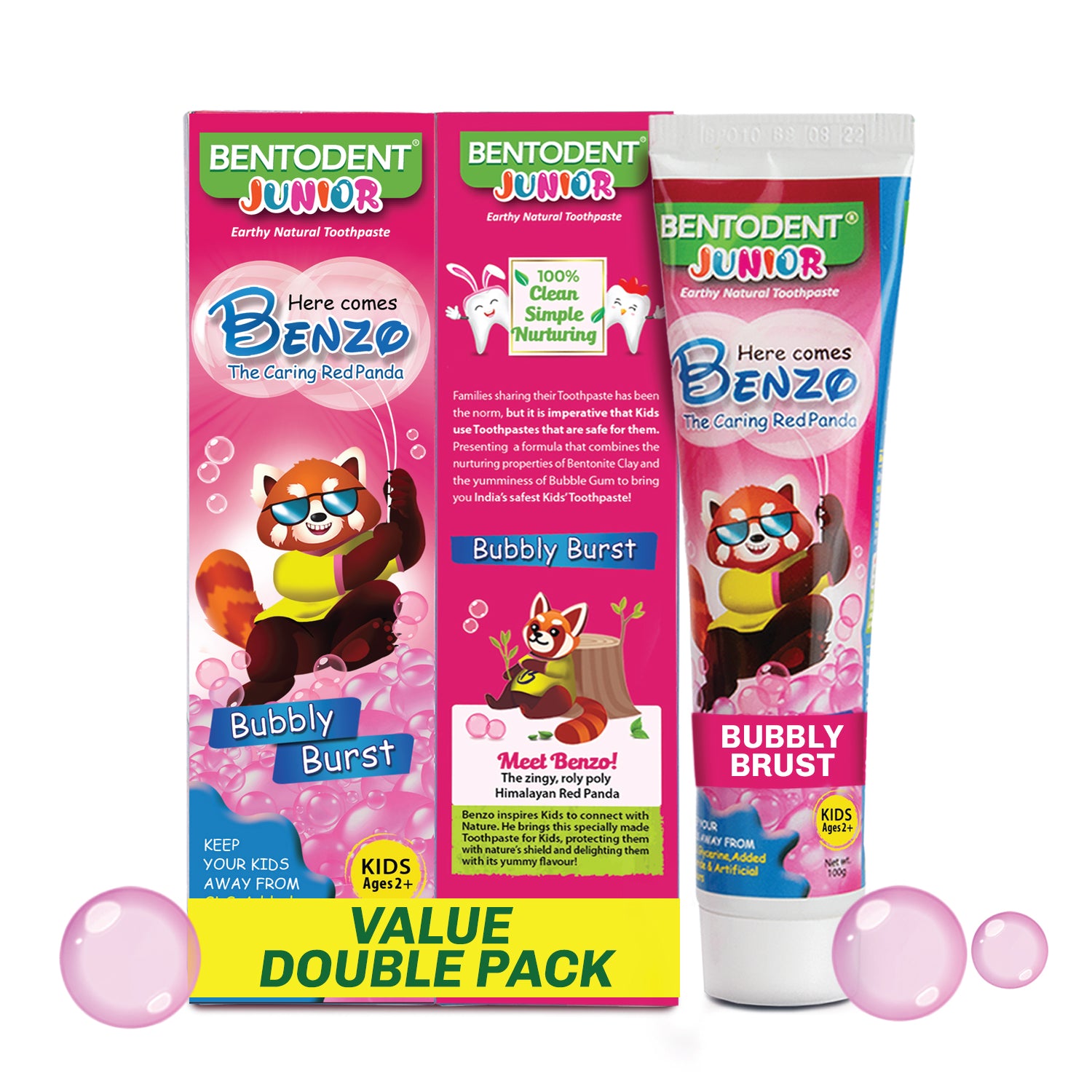 Bentodent 100% Natural Kids Bubble Gum twin Toothpaste, Fluoride Free, Sls Free, Complete oral care protection for kids, Fresh Breath, Best toothpaste for kids 2+ years 100g each - Indian Dental Organization