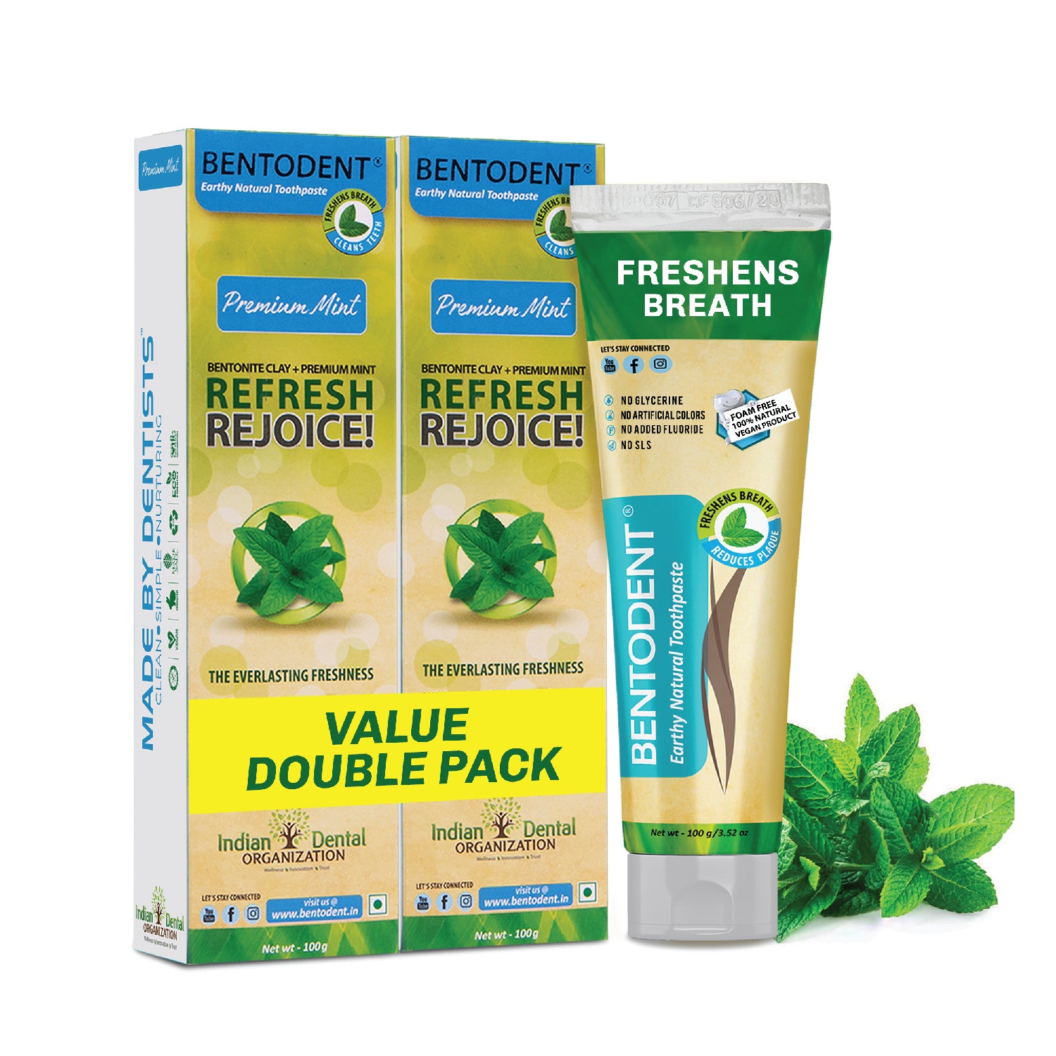 Bentodent Premium Mint Natural Toothpaste (Twin Pack) - 100 gm each - Indian Dental Organization