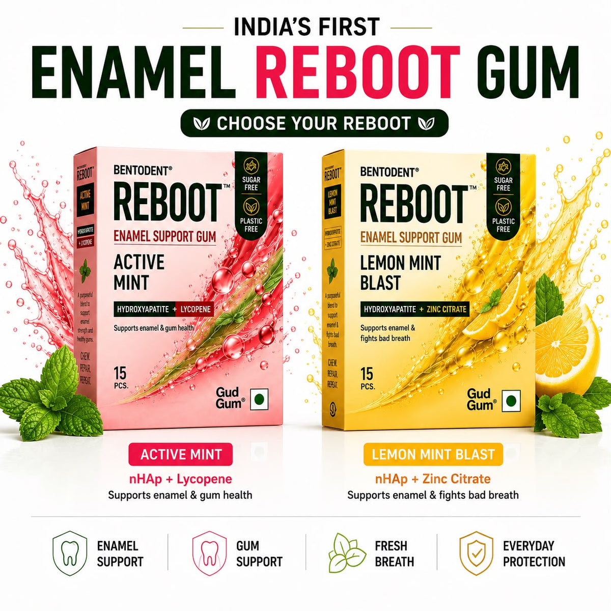 BENTODENT REBOOT Premium Enamel Support Gum – Lemon Mint Blast | Hydroxyapatite + Zinc Citrate | Sugar Free Gum for Fresh Breath & Enamel Care | Biodegradable Gum Base | 15 Pcs