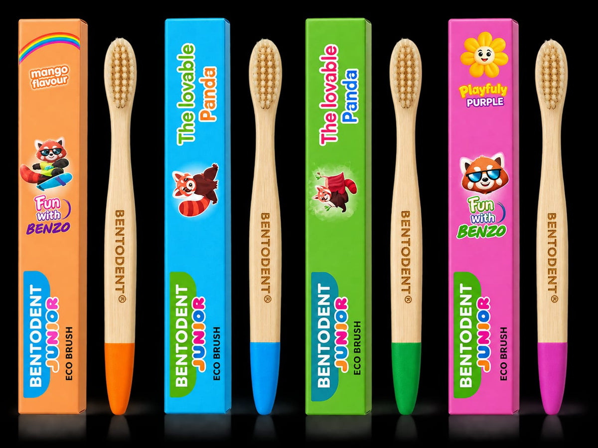 Bentodent Kids Soft Fibre Bristle Toothbrush Set Pack of 4 Multicolor Flat Bamboo Brush