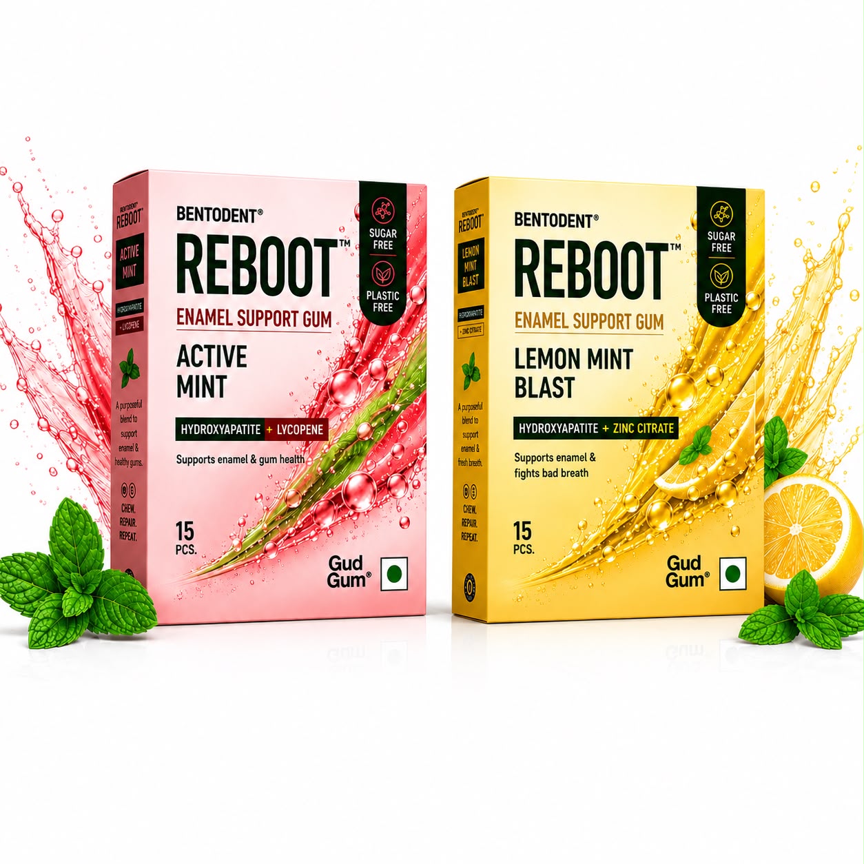 Bentodent Enamel Support Cosmetic Tooth Gum - Active Mint + Lemon Mint (Pack of 2)