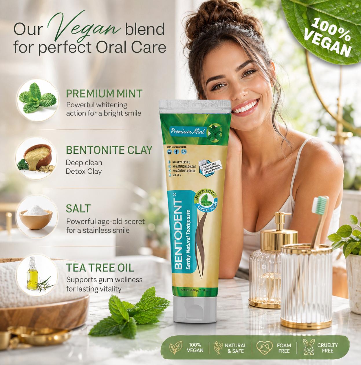 Bentodent Family Pack Toothpaste Combo | Premium Mint, Cardamom, Charcoal & Betel Leaf | 100g Each + 50g Free Toothpaste + 2 Free Bamboo Toothbrushes | SLS Free & Fluoride Free | Herbal Oral Care