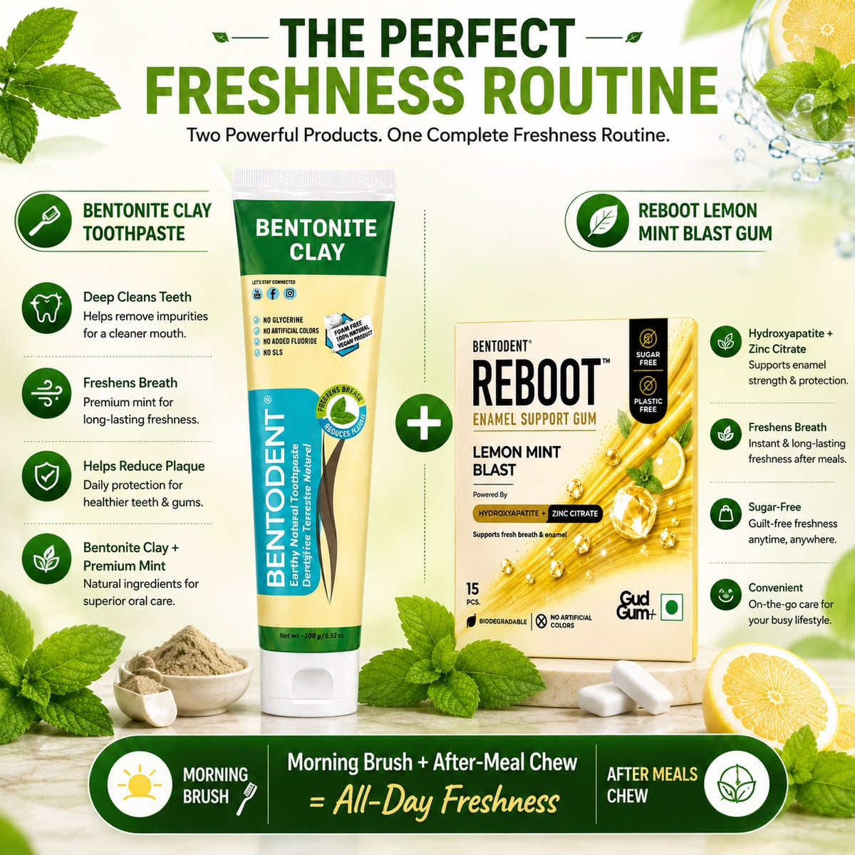 Bentodent Natural Toothpaste 100g with Premium Mint & Calcium Bentonite + REBOOT Lemon Mint Blast Enamel Support Gum 15 Pcs | Sugar Free & Plastic Free Gum | Nano Hydroxyapatite & Zinc Citrate | Fresh Breath, Bad Breath Control & Daily Oral Care Combo