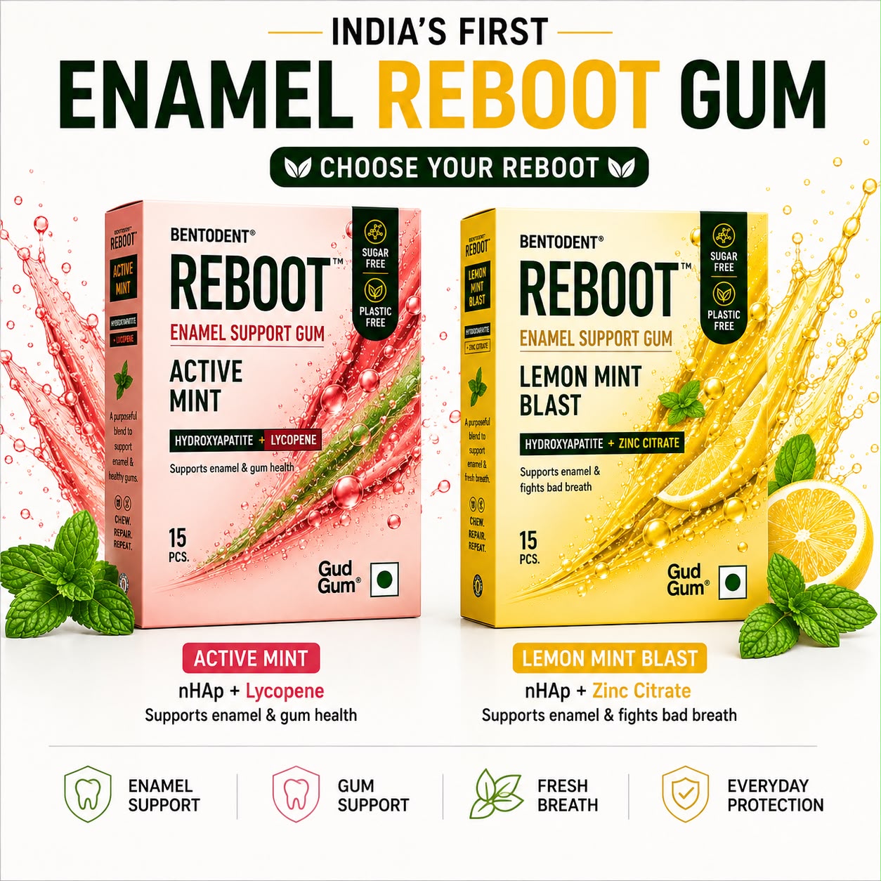 Bentodent Enamel Support Cosmetic Tooth Gum - Active Mint + Lemon Mint (Pack of 2)