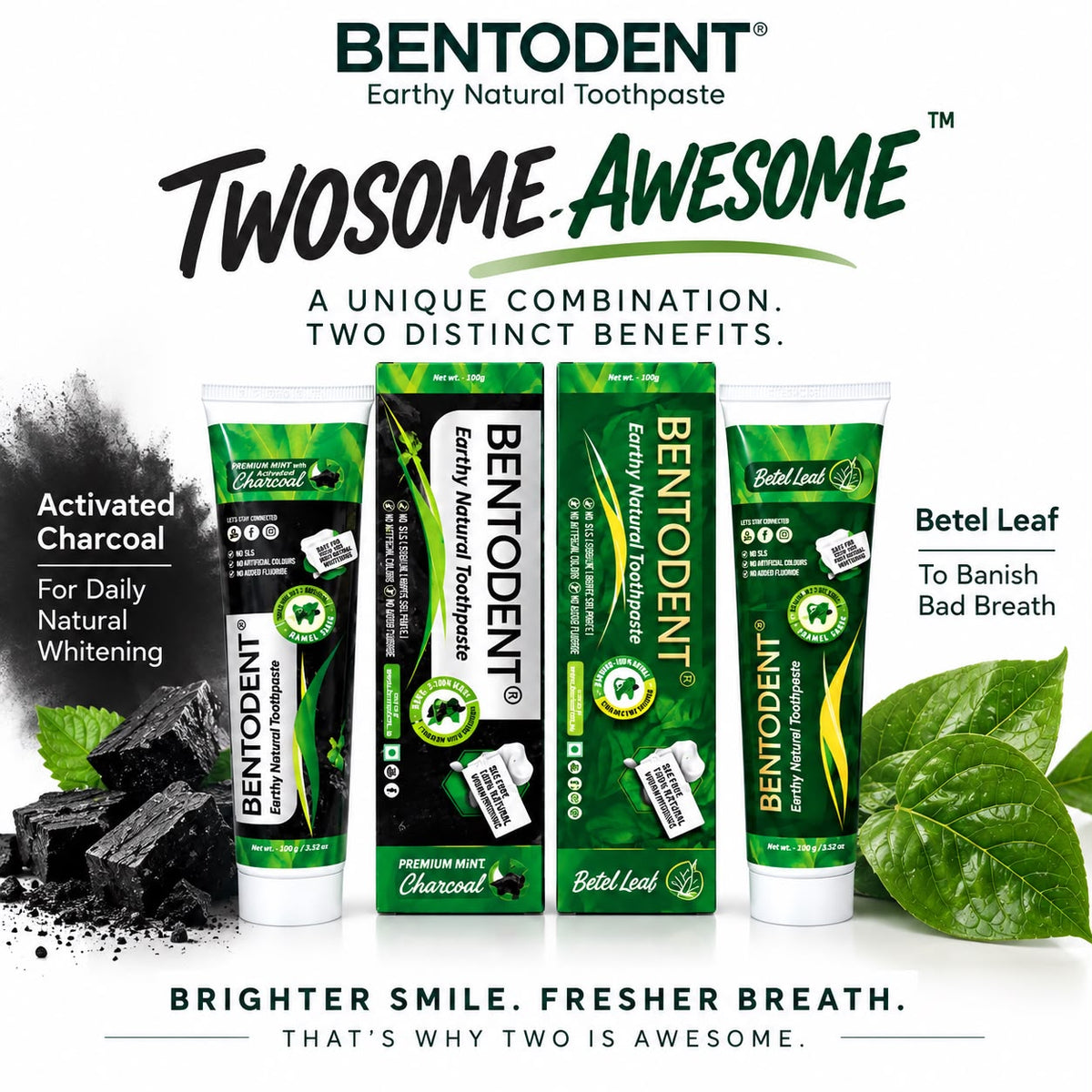 Bentodent Charcoal & Betel Leaf Natural Toothpaste Combo Pack of 2 | Teeth Whitening & Gum Care | Helps Fight Cavities, Plaque & Bad Breath | Fluoride & SLS Free | 100g Each