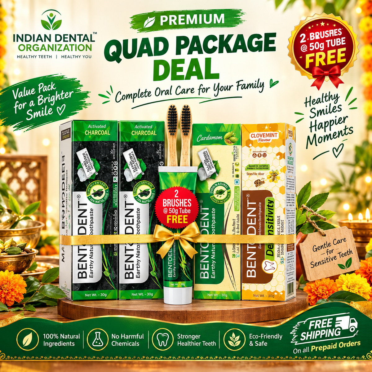 BENTODENT TOOTHPASTE FAMILY PACK 2 - ORGANIC & HERBAL, Pack of 4, 100g each