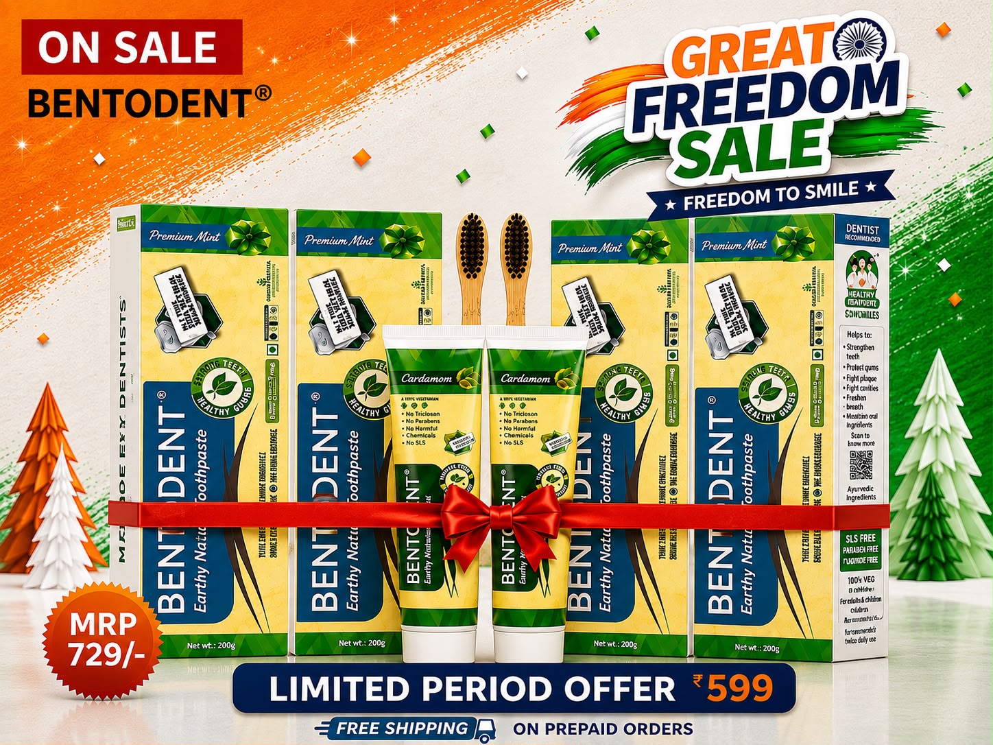 Bentodent Premium Mint Herbal Toothpaste - SLS Free , Natural & Fluoride Free - 100 gm