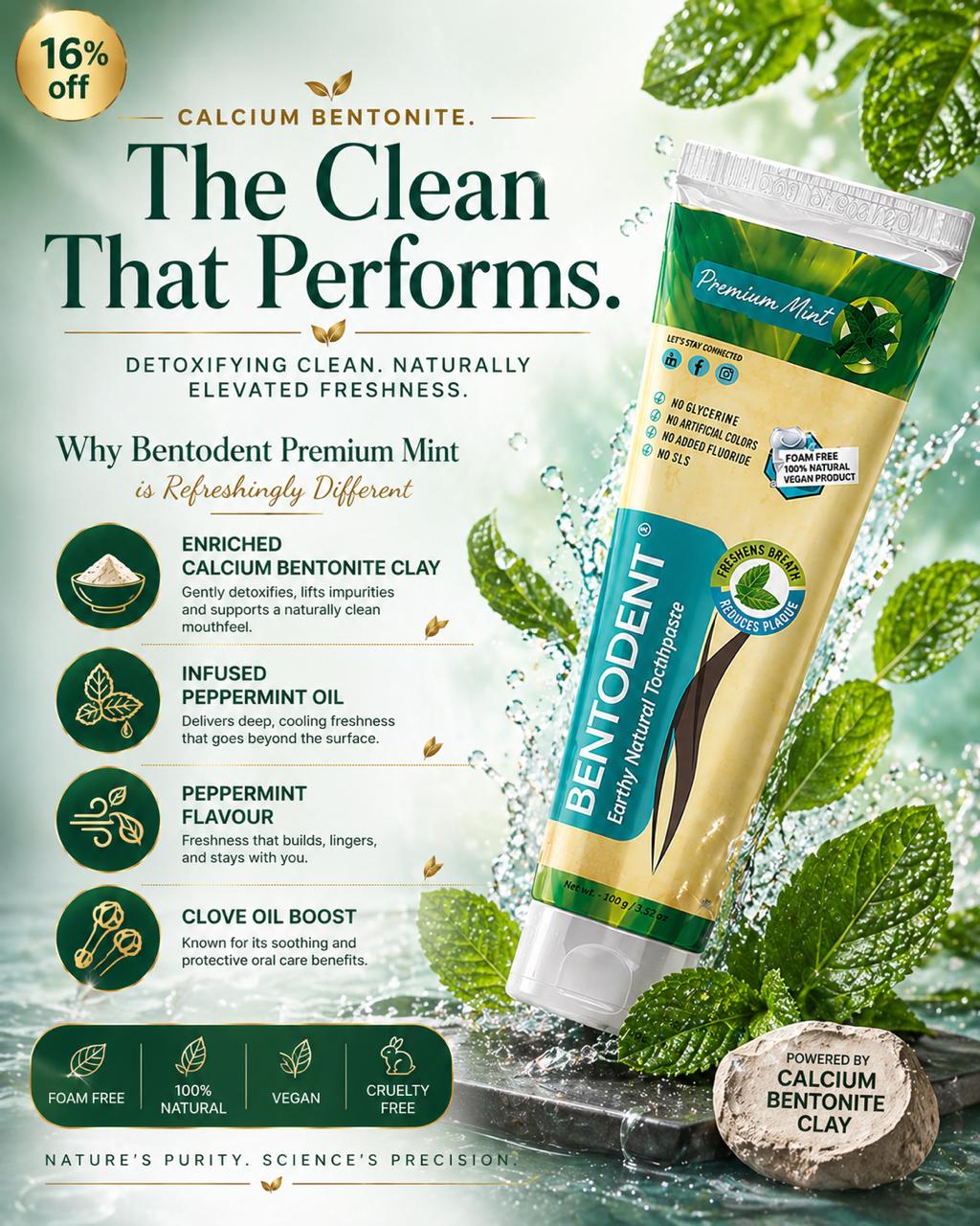 Bentodent Premium Mint Herbal Toothpaste - SLS Free , Natural & Fluoride Free - 100 gm