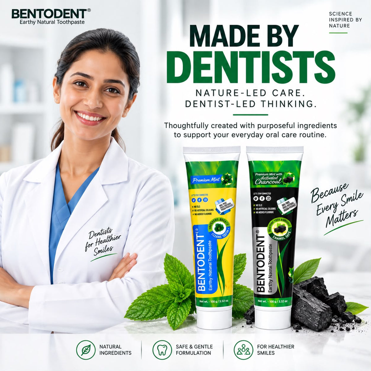 Bentodent Toothpaste - Charcoal & Premium Mint Pack - 100 gm each
