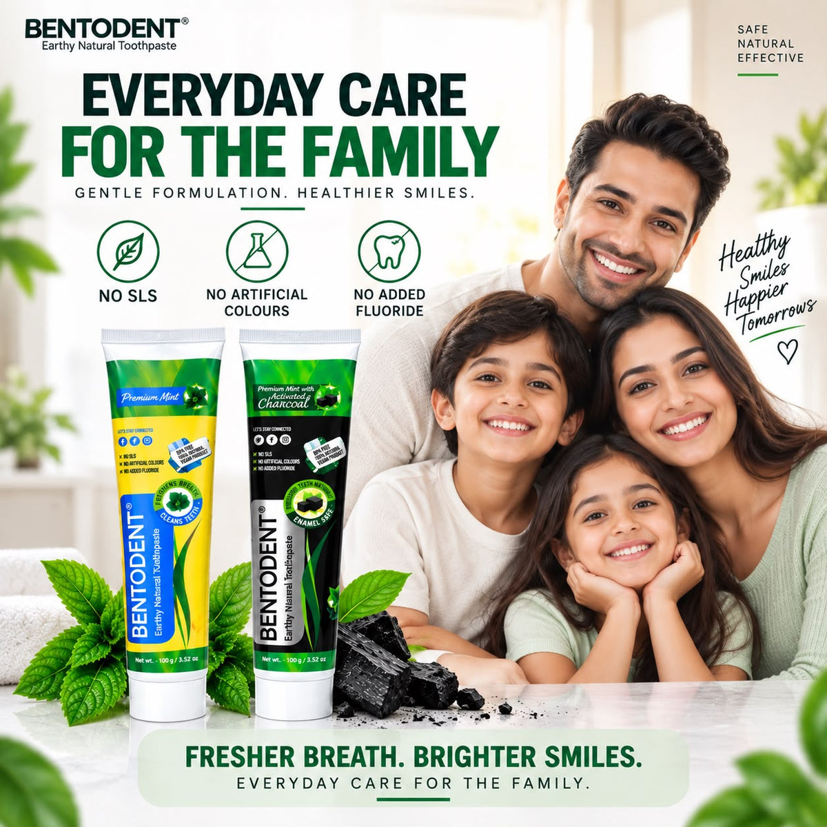 Bentodent Charcoal & Premium Mint Toothpaste Combo Pack of 2 | Natural Oral Care for Teeth Whitening, Fresh Breath & Gum Care | Fluoride & SLS Free | 100g Each