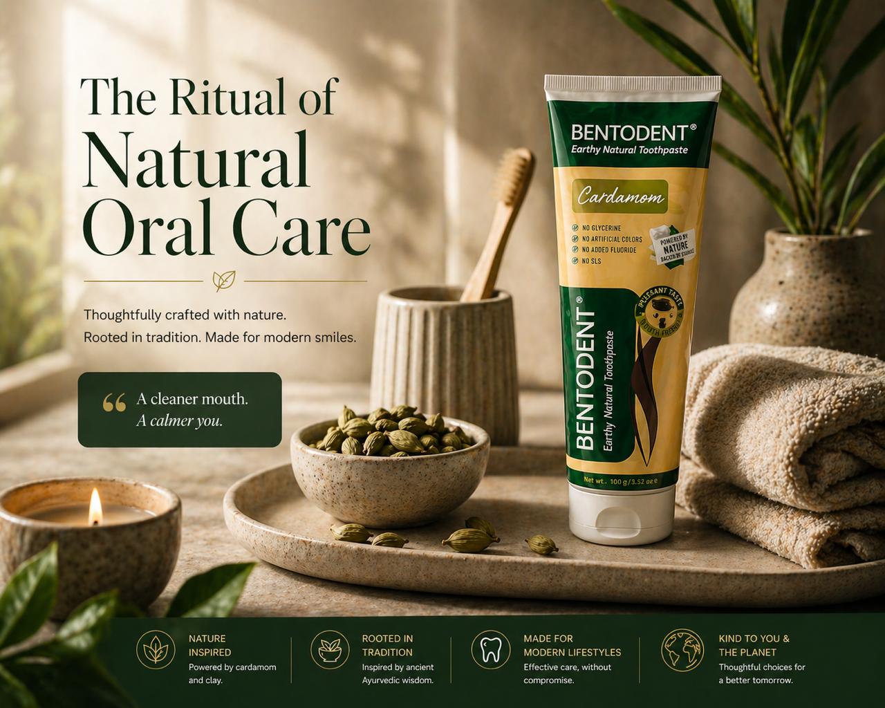 Bentodent Cardamom Toothpaste - Natural, No SLS & Fluoride Free - 100 gm