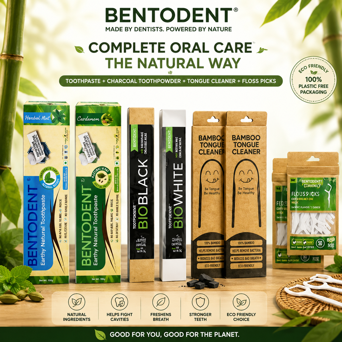 Bentodent Family Smile Box | Complete Natural Oral Care Kit | 2 Toothpastes, 2 Bio Toothbrushes, 2 Bamboo Tongue Cleaners & Cleanx3 Floss | Vegan, Fluoride-Free & Biodegradable