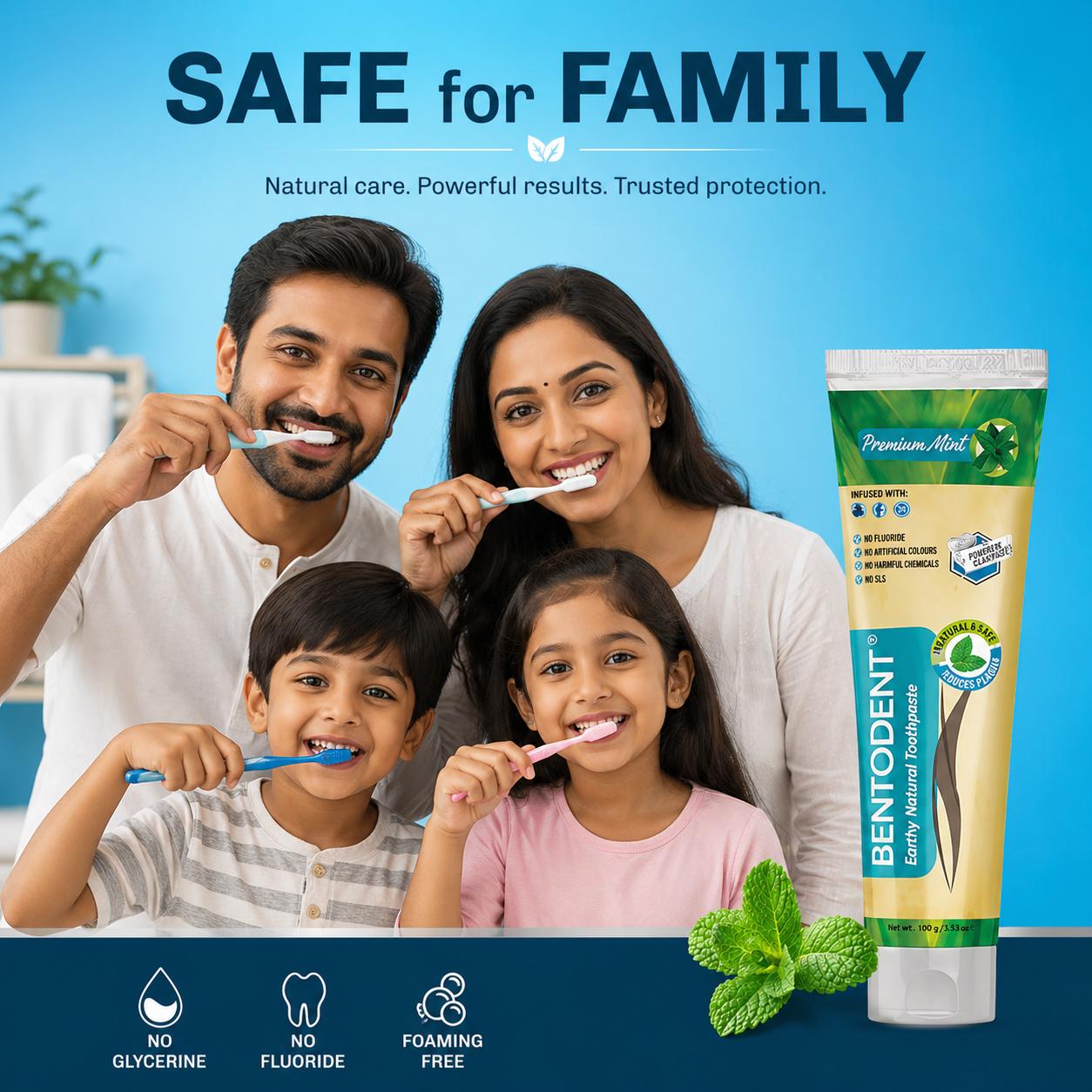 Bentodent Family Pack Toothpaste Combo | Premium Mint, Cardamom, Charcoal & Betel Leaf | 100g Each + 50g Free Toothpaste + 2 Free Bamboo Toothbrushes | SLS Free & Fluoride Free | Herbal Oral Care
