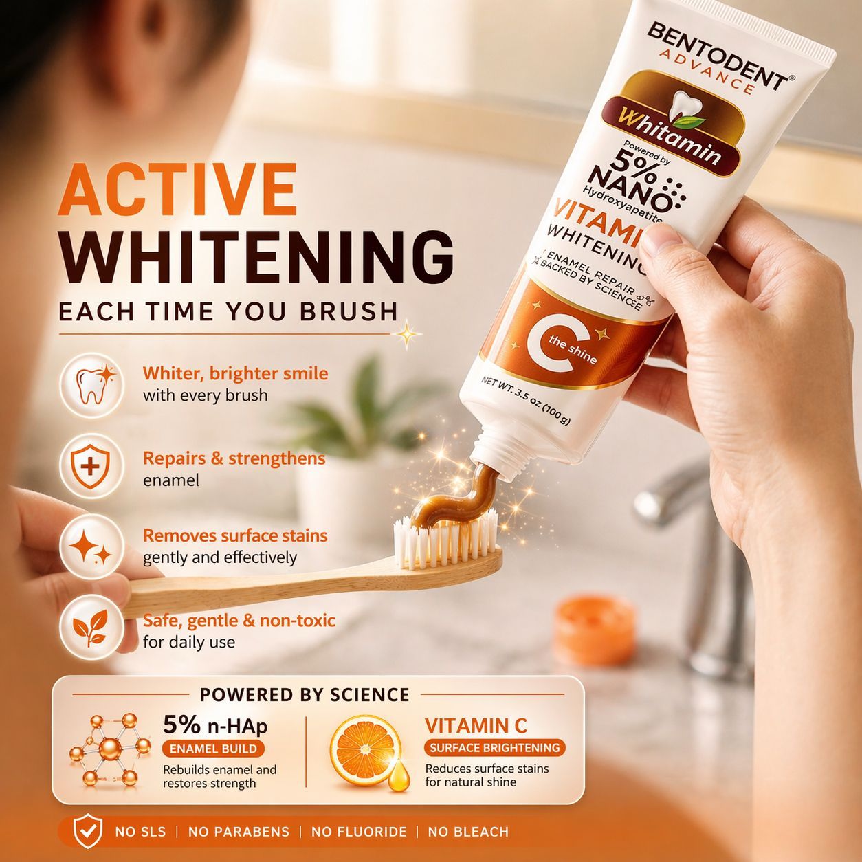 BENTODENT TOOTHPASTE Advance Whitamin Teeth Whitening Toothpaste, Vitamin C, 5% Nano Hydroxyapatite, Enamel Repair, 100g