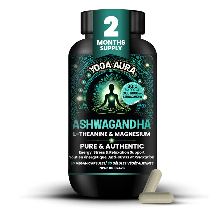Yoga Aura Best Ashwagandha Tri Formula QCE 30:1 6000 mg- 200mg,L-theanine 200mg, Magnesium 75mg