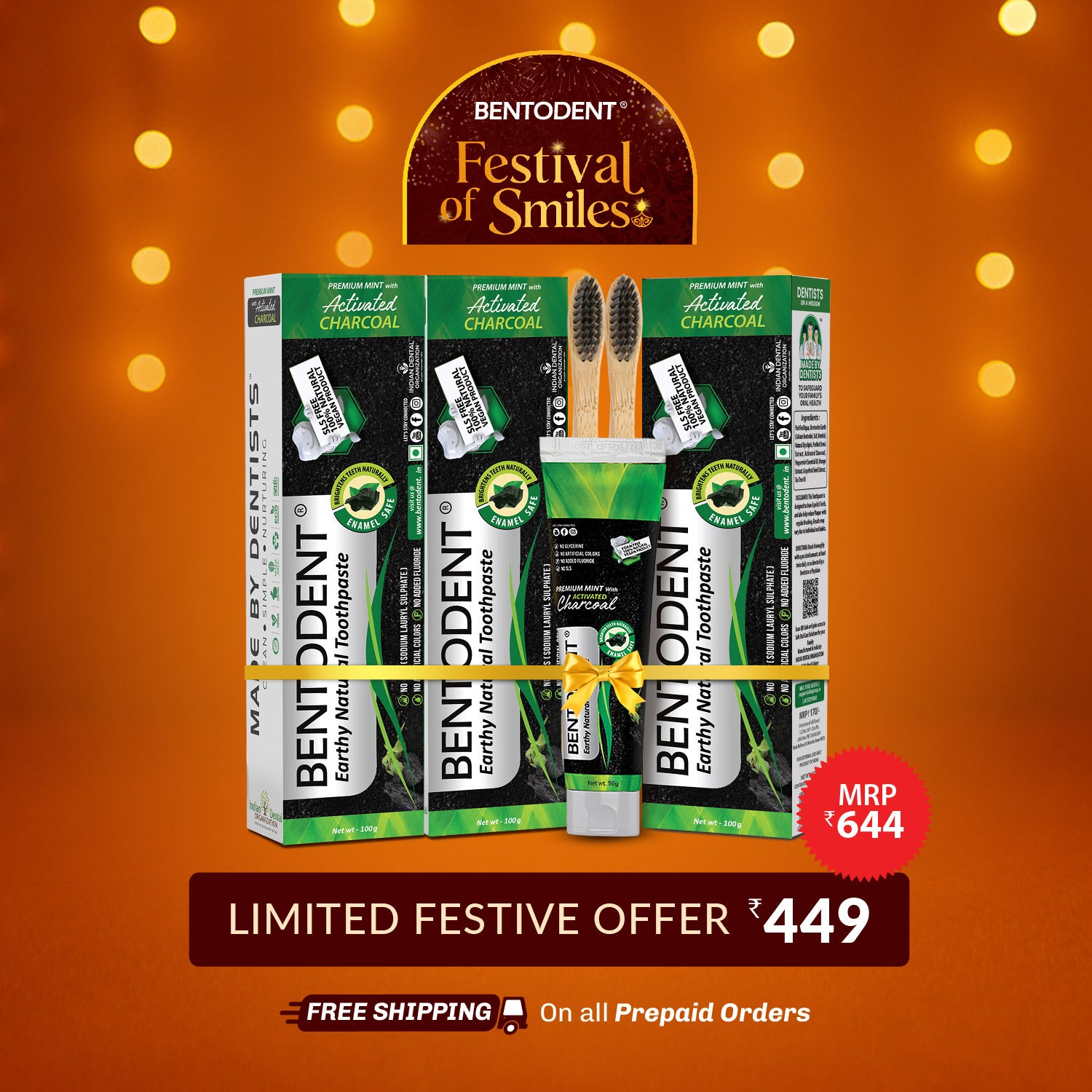 Bentodent Charcoal Teeth Whitening Toothpaste -  Natural & Fluoride Free - 100 gm