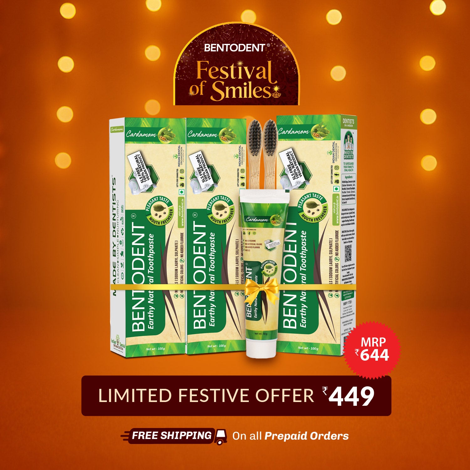 Bentodent Cardamom Toothpaste - Natural, No SLS & Fluoride Free - 100 gm