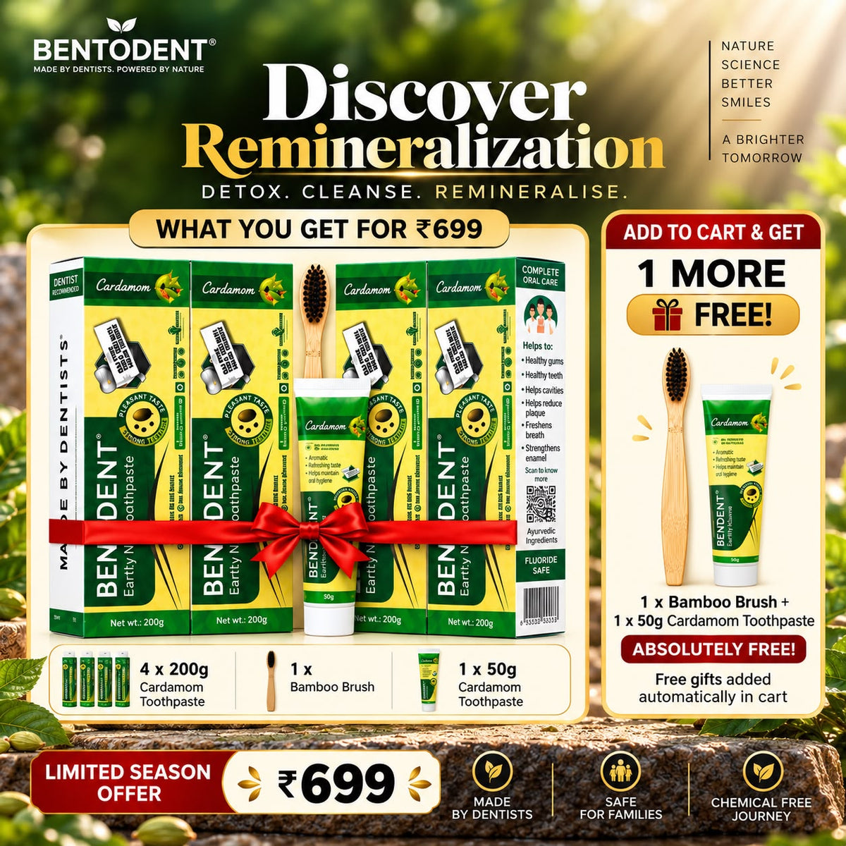 Bentodent Cardamom Natural Toothpaste | SLS Free & Fluoride Free | Herbal Oral Care