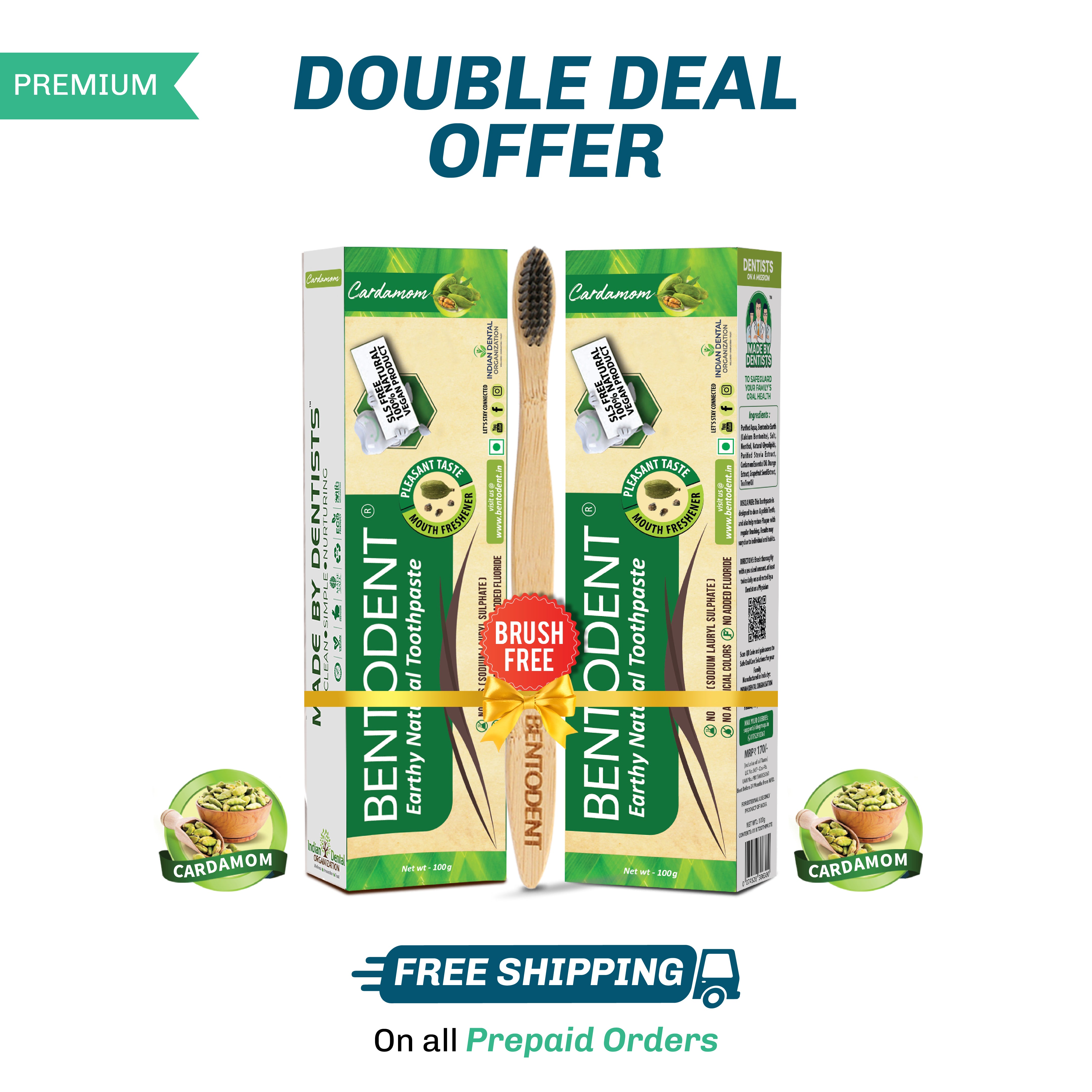Bentodent Cardamom Toothpaste - Natural, No SLS & Fluoride Free - 100 gm