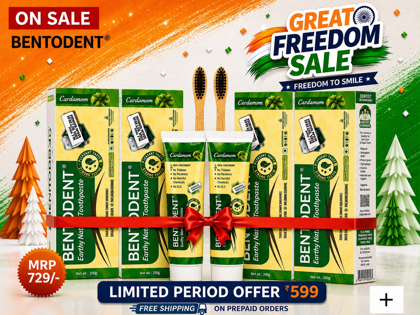 Bentodent Cardamom Toothpaste - Natural, No SLS & Fluoride Free - 100 gm