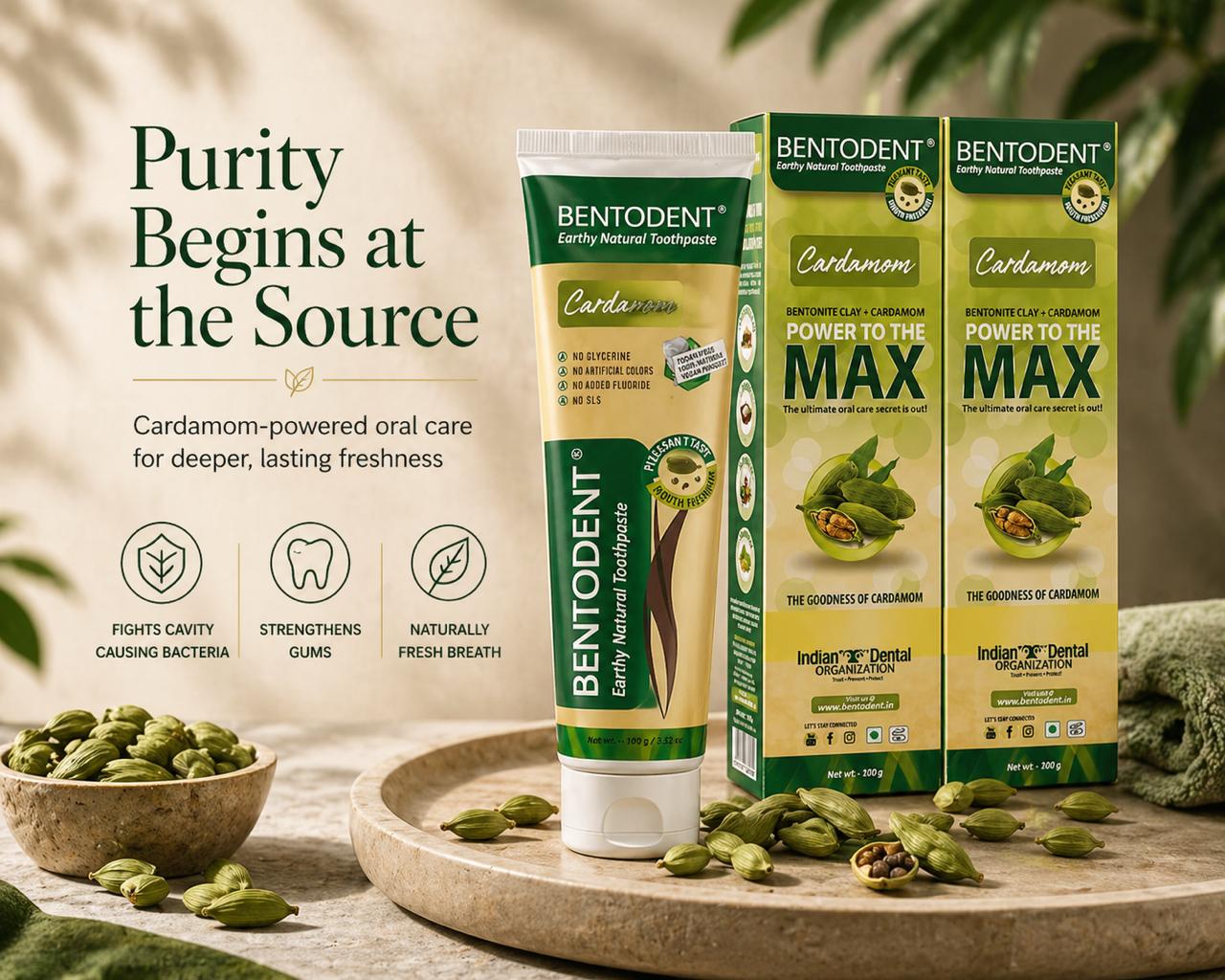 Bentodent Cardamom Toothpaste - Natural, No SLS & Fluoride Free - 100 gm