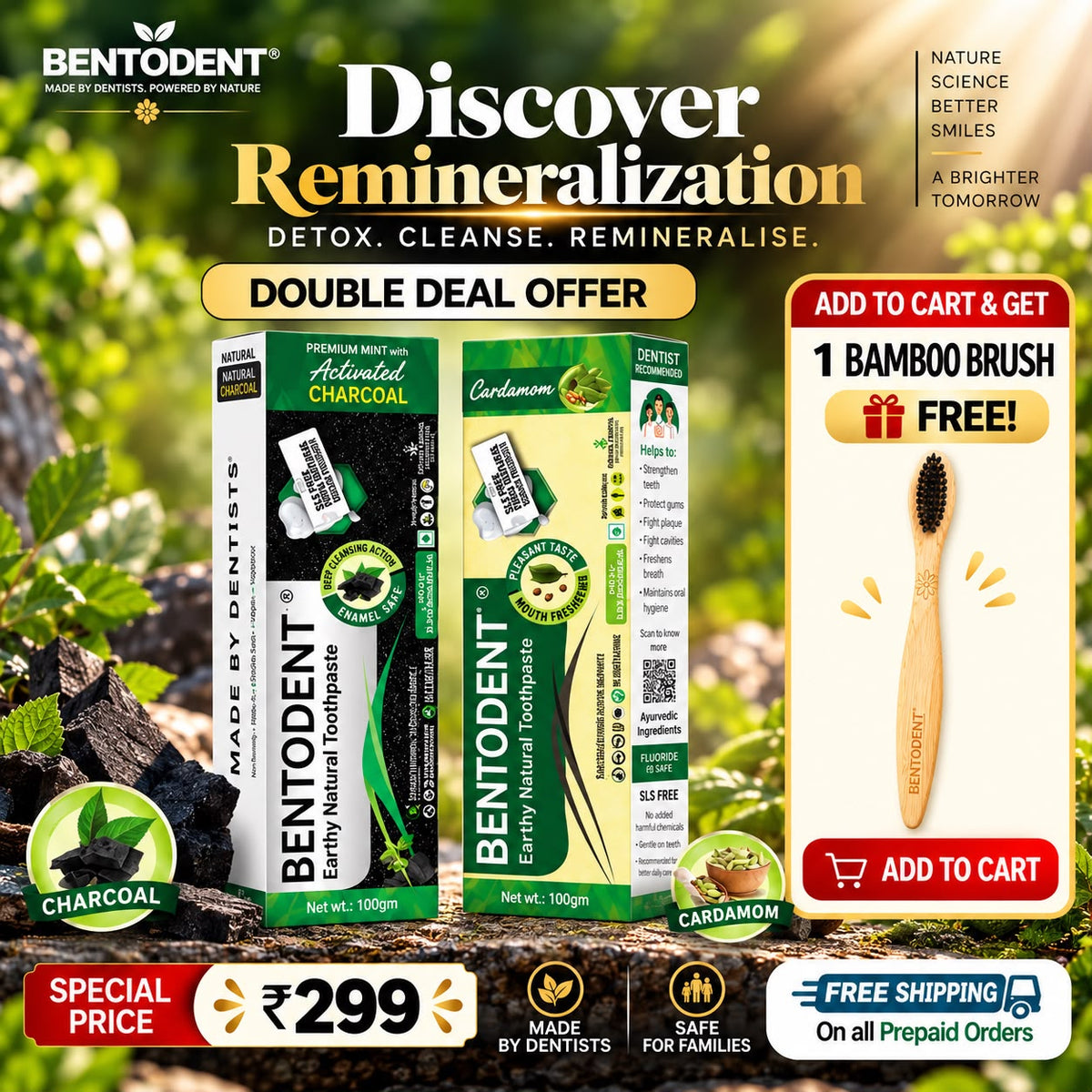 Bentodent Charcoal & Cardamom Toothpaste Combo | 100g Each | Natural Herbal Toothpaste | SLS Free & Fluoride Free | 1 Free Bamboo Toothbrush | Daily Oral Care