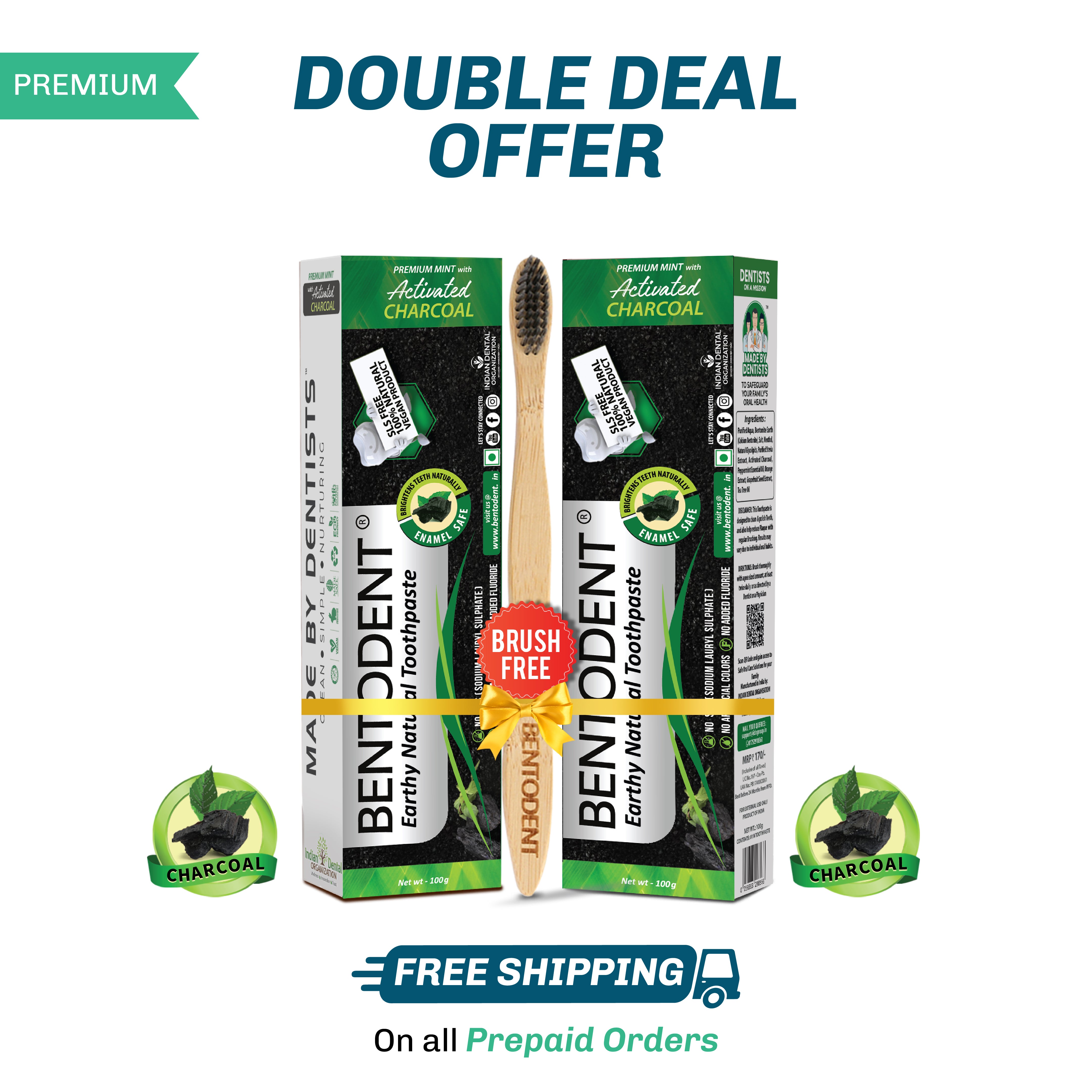 Bentodent Charcoal Teeth Whitening Toothpaste -  Natural & Fluoride Free - 100 gm