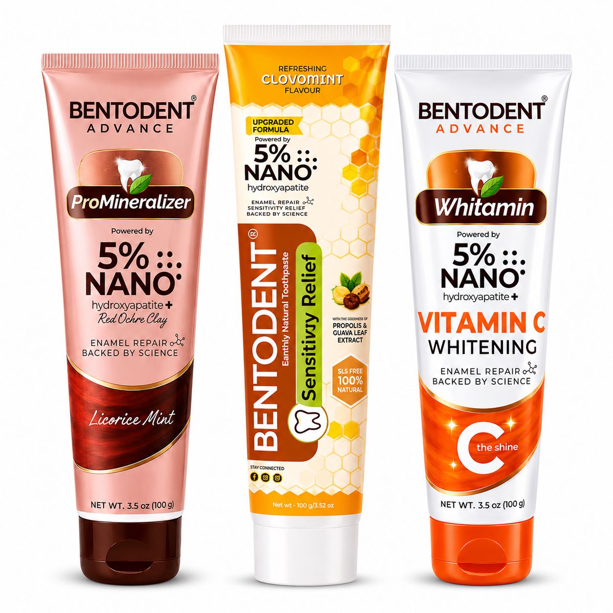 Bentodent Advance powered by 5% High Purity Nano Hydroxyapatite Toothpaste Collection (Repair, Protect, Whitening) | Pack of 3 (Promineraliser, Vitamin C and Sensitivity Relief)